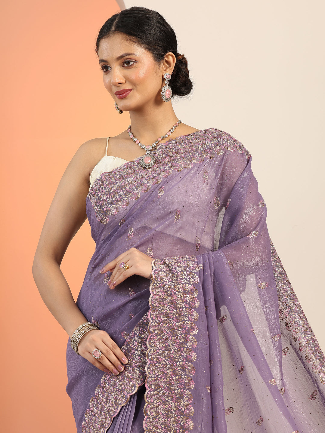  Lavender Embroidered Silk blend Saree With Unstitched Blouse Piece 