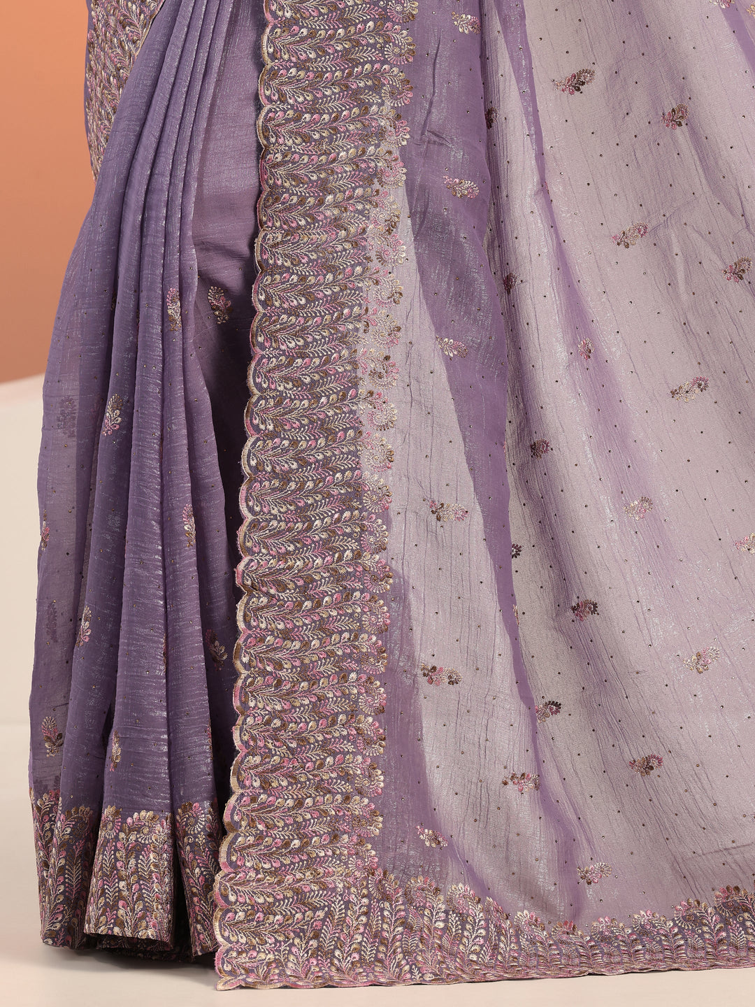  Lavender Embroidered Silk blend Saree With Unstitched Blouse Piece 