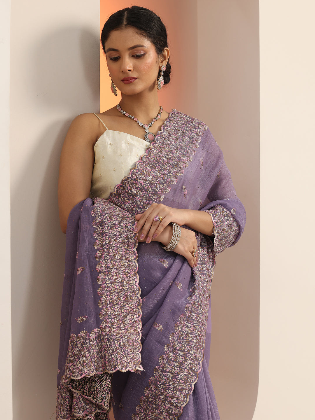  Lavender Embroidered Silk blend Saree With Unstitched Blouse Piece 