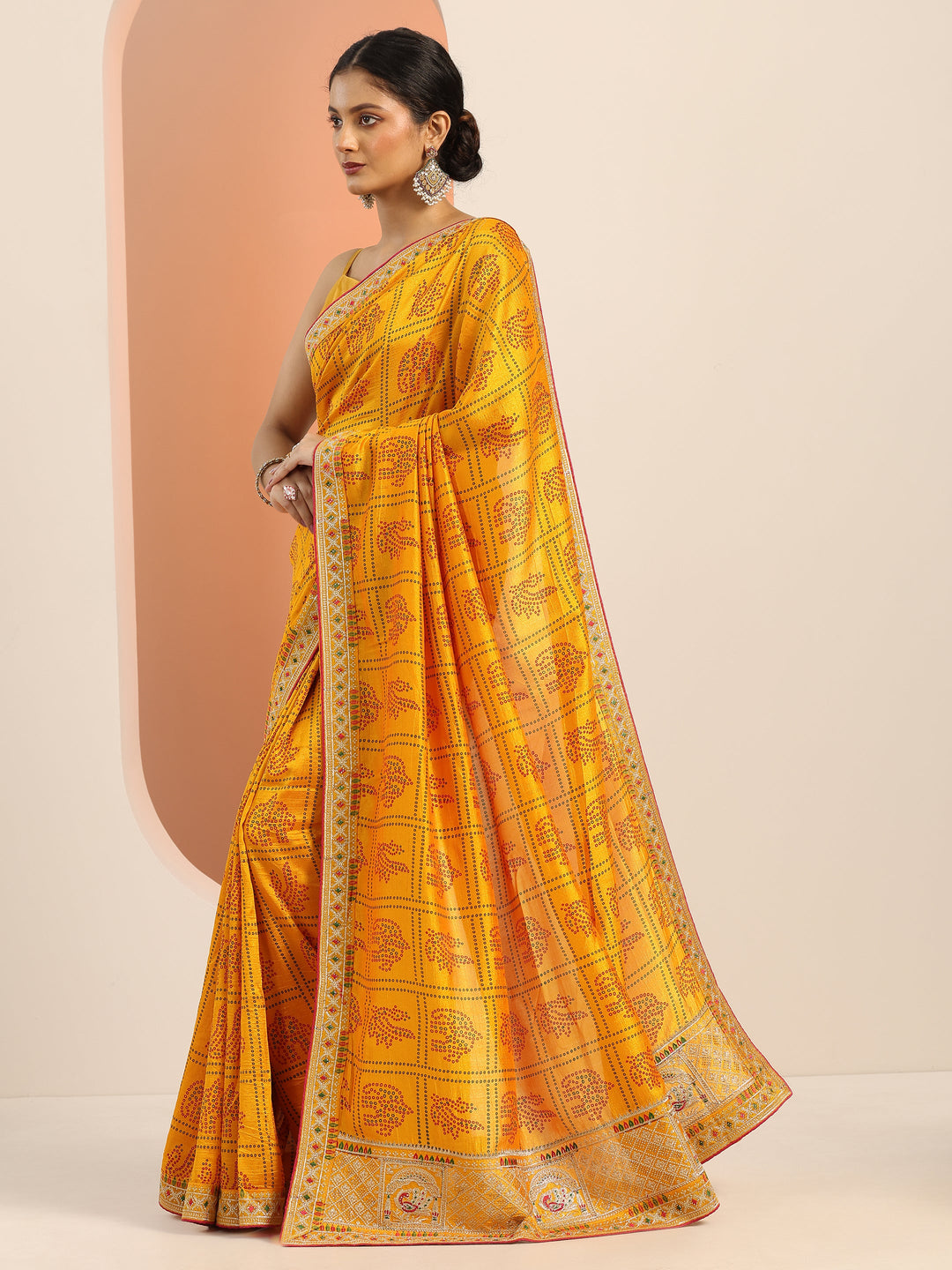 Mustard Printed Silk blend Saree With Unstitched Blouse Piece 
