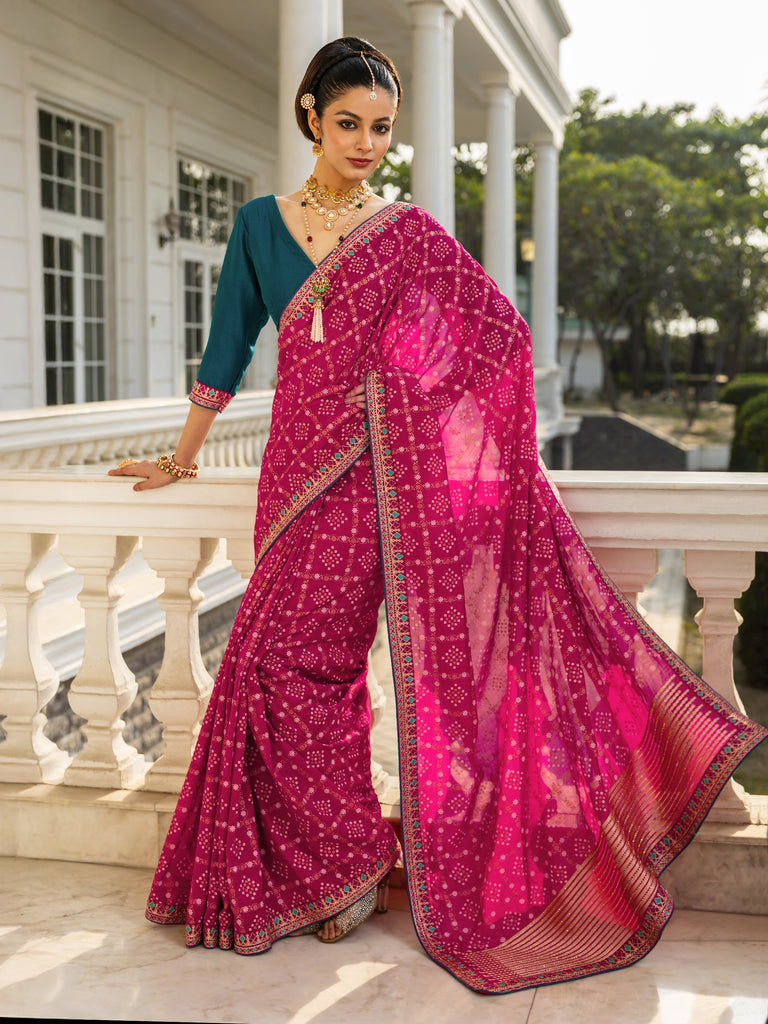 Libas Magenta Printed Silk blend Saree With Unstitched Blouse Piece