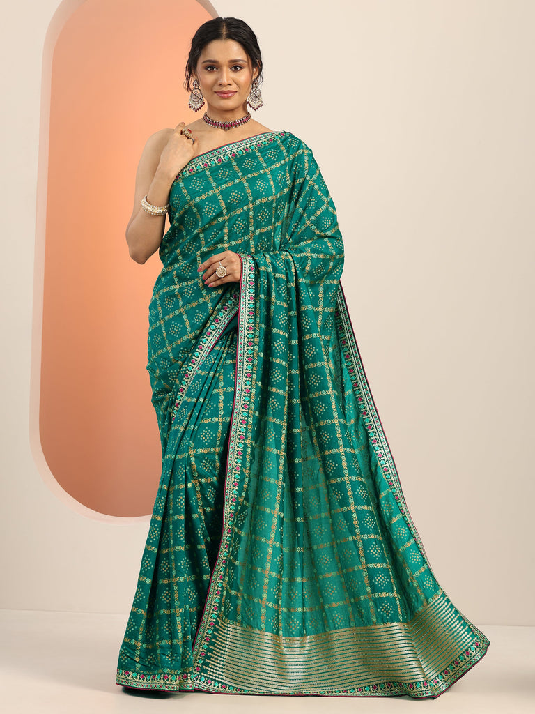 Libas Teal Printed Silk blend Saree With Unstitched Blouse Piece