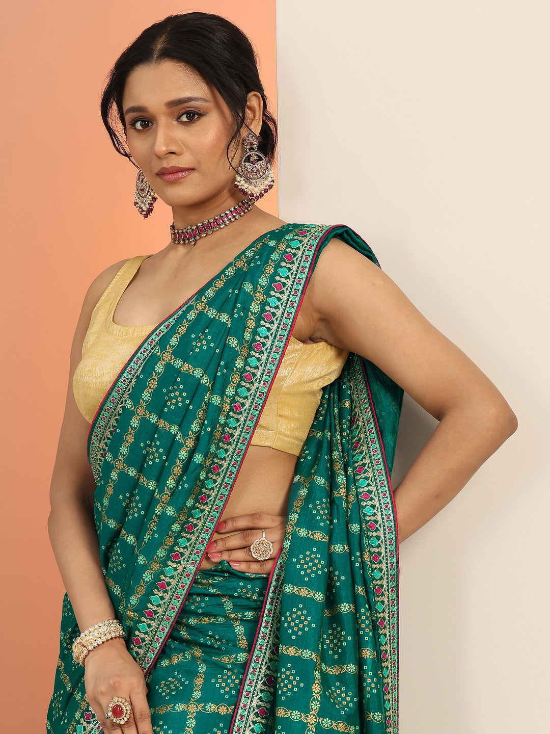  Teal Printed Silk blend Saree With Unstitched Blouse Piece 