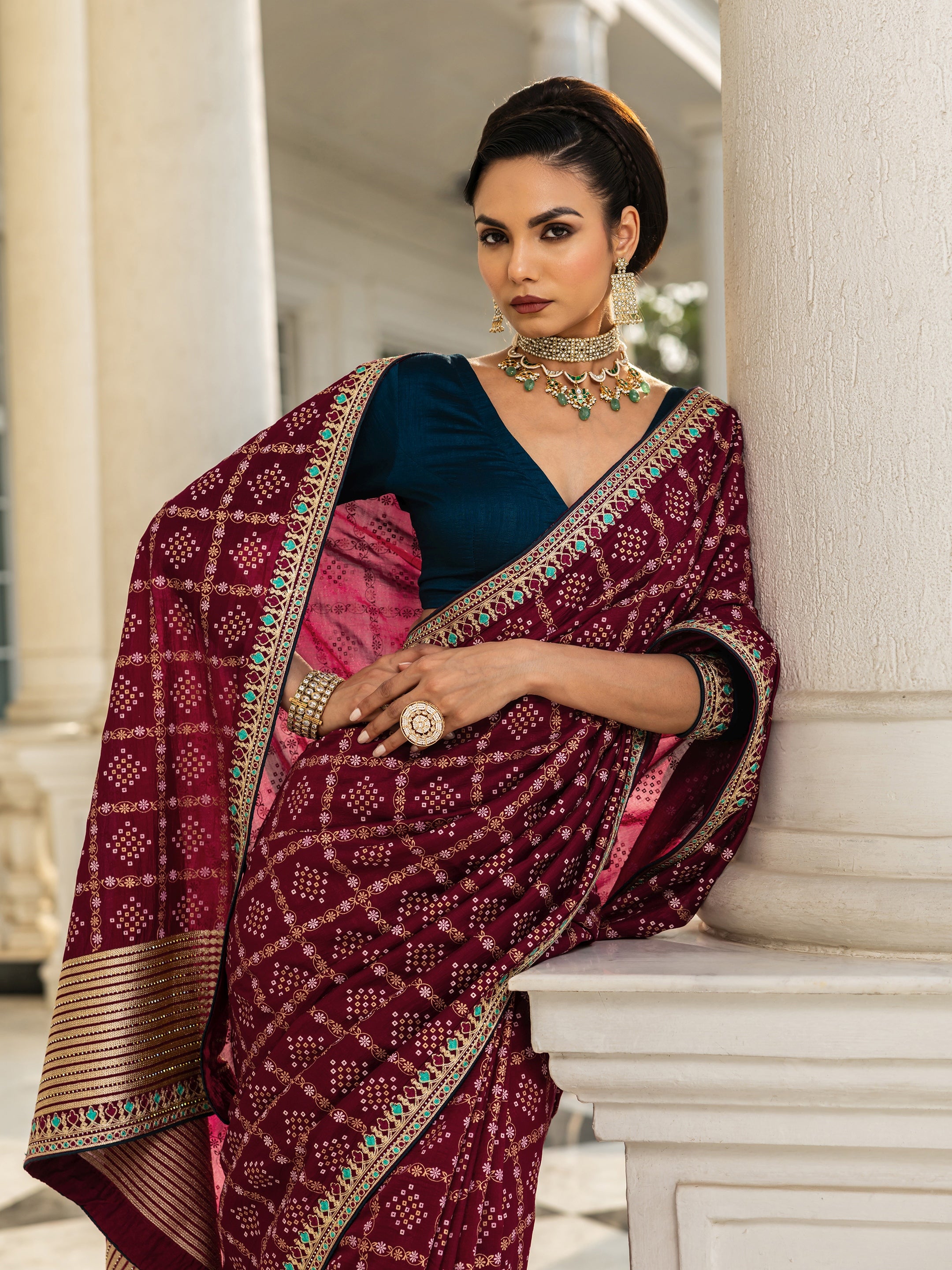 Maroon Printed Silk blend Saree With Unstitched Blouse Piece-image-47