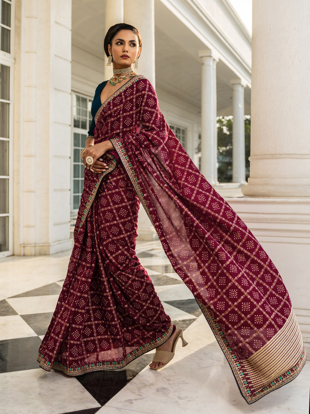  Maroon Printed Silk blend Saree With Unstitched Blouse Piece 