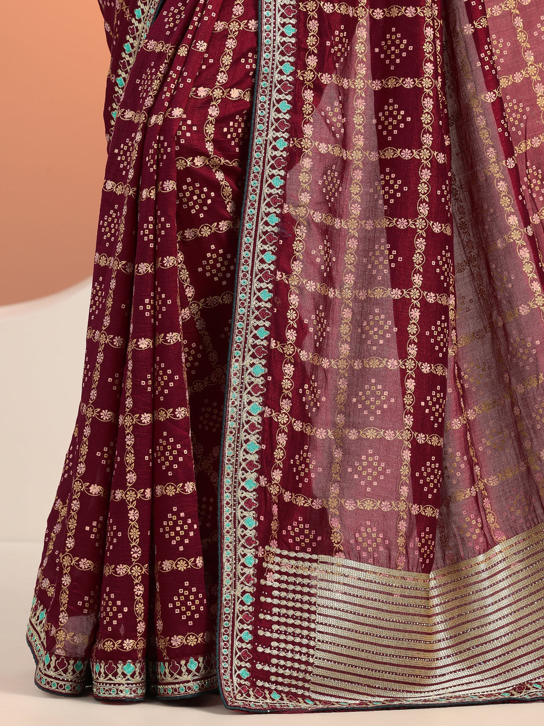  Maroon Printed Silk blend Saree With Unstitched Blouse Piece 
