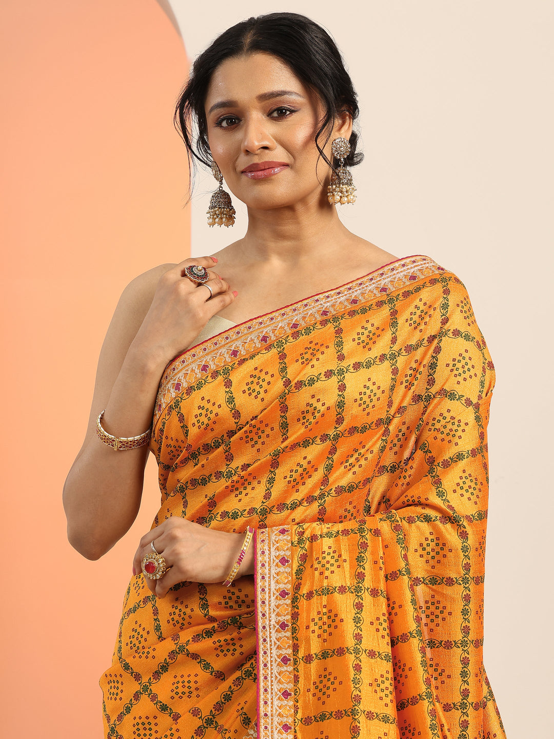  Mustard Printed Silk blend Saree With Unstitched Blouse Piece 
