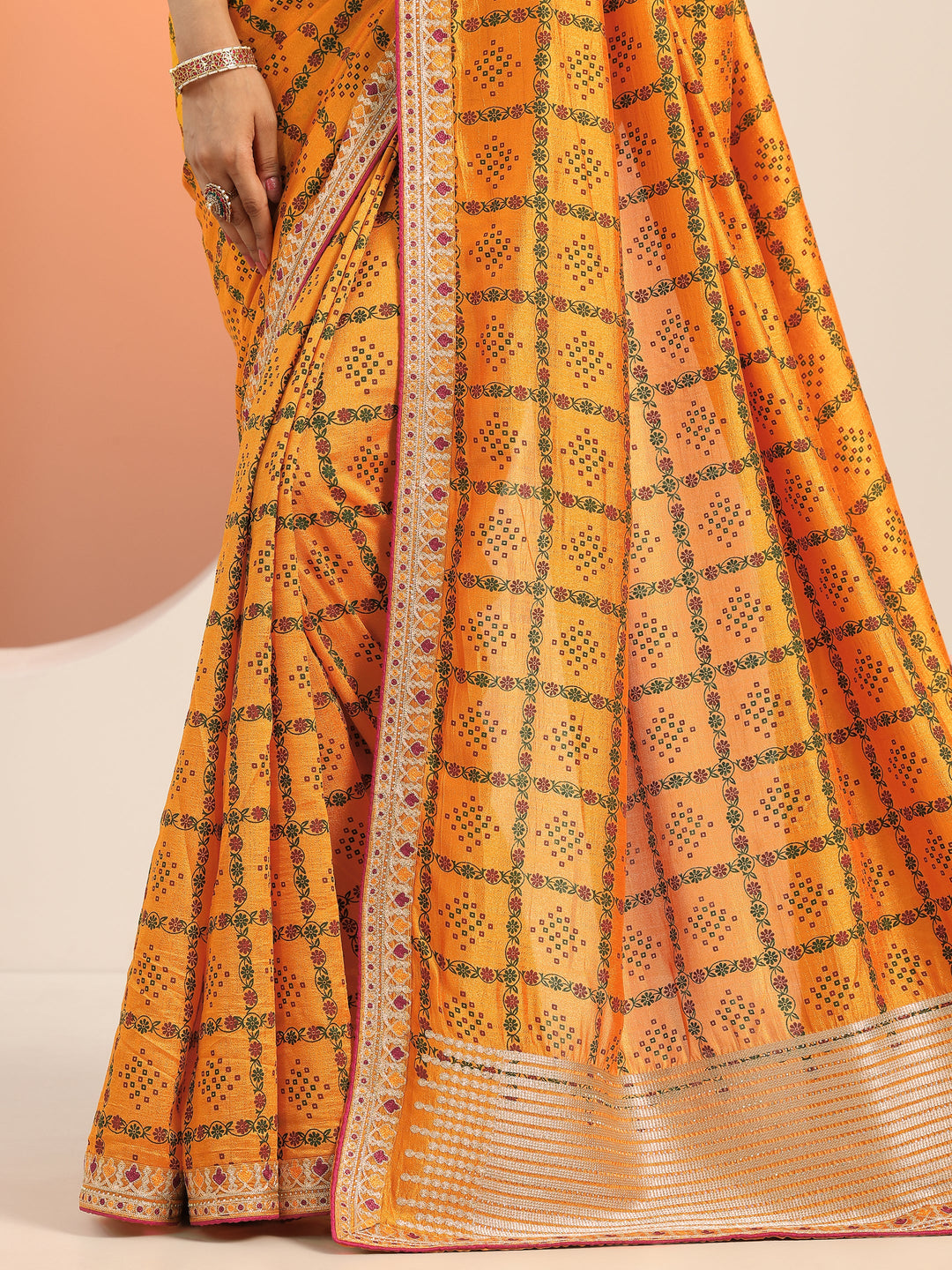  Mustard Printed Silk blend Saree With Unstitched Blouse Piece 