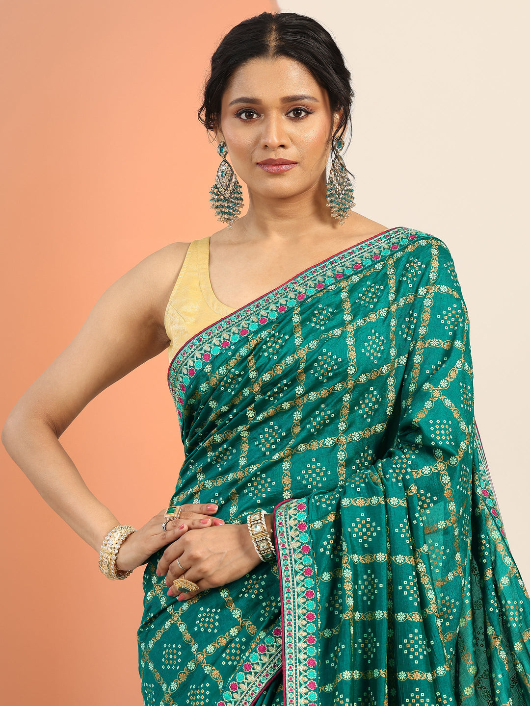  Green Printed Silk blend Saree With Unstitched Blouse Piece 