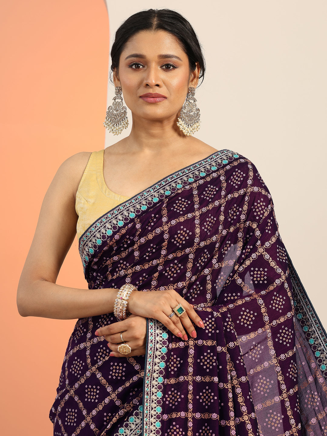  Purple Printed Silk blend Saree With Unstitched Blouse Piece 