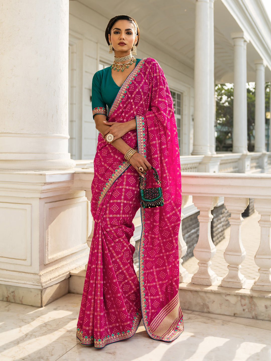  Magenta Printed Silk blend Saree With Unstitched Blouse Piece 