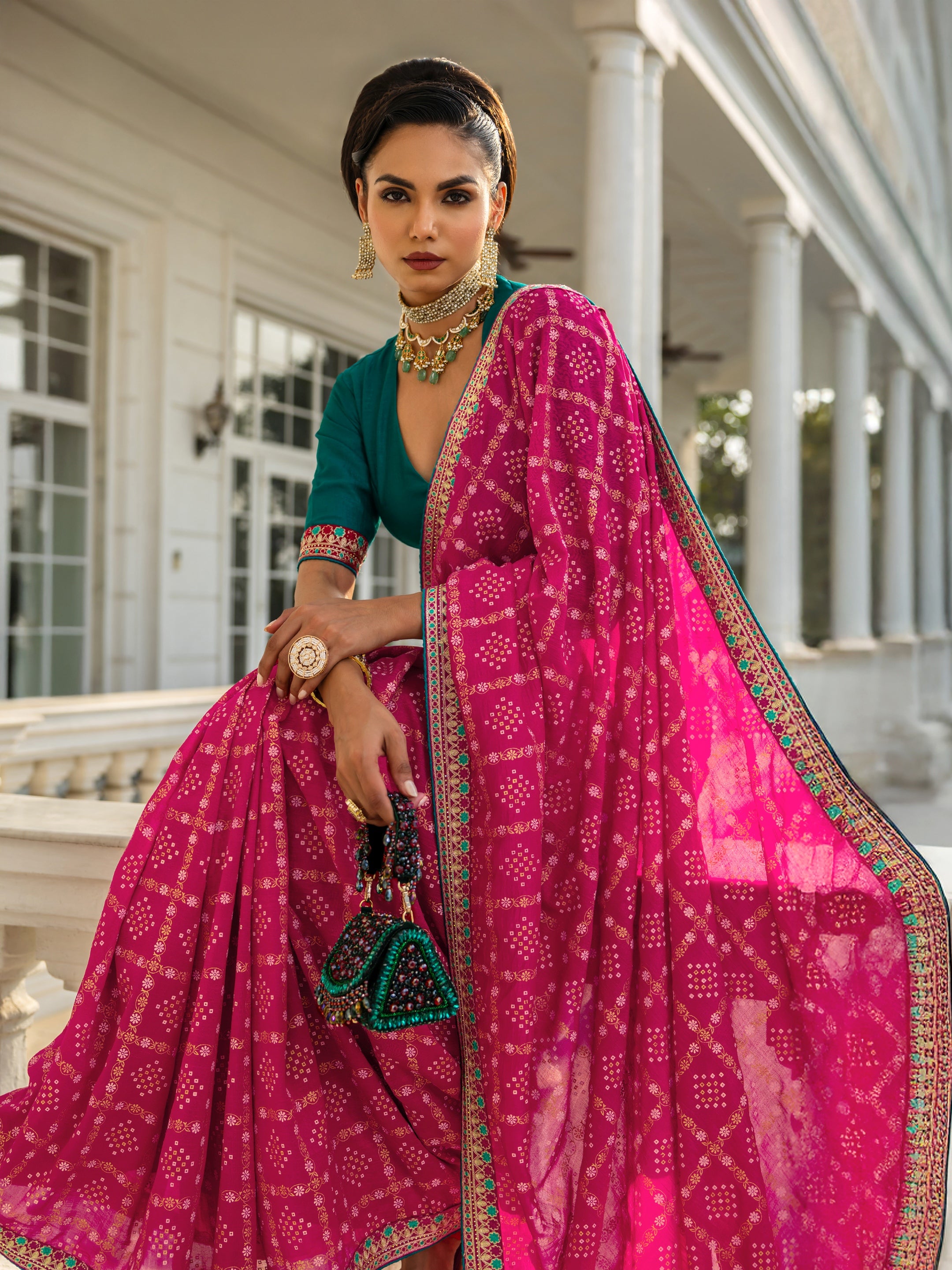 libas Magenta Printed Silk blend Saree With Unstitched Blouse Piece-picture-16