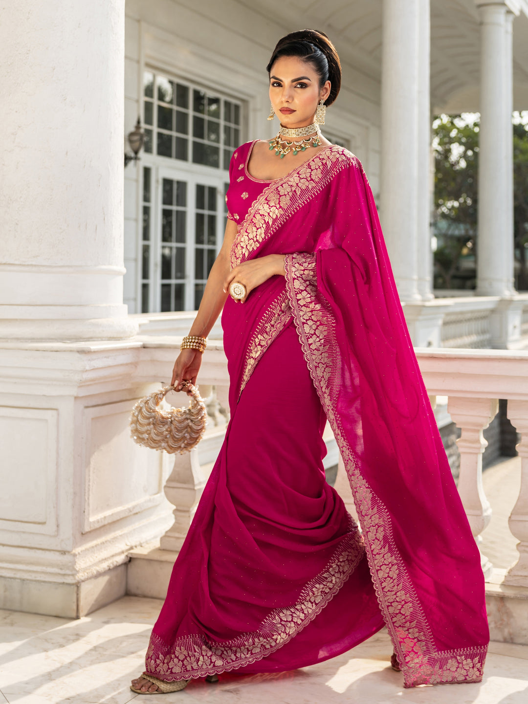 Pink Embellished Silk blend Saree With Unstitched Blouse Piece
