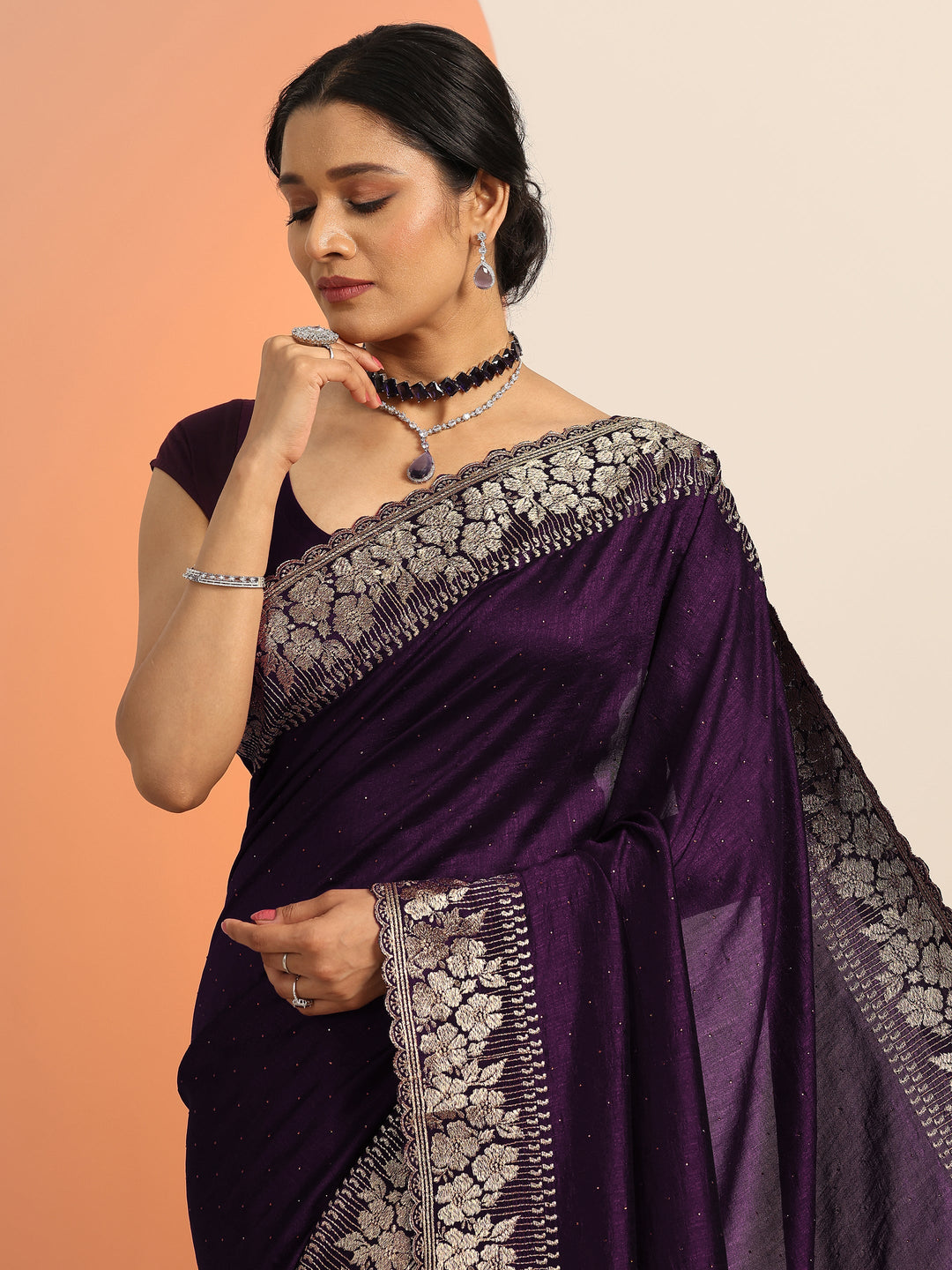  Burgundy Embellished Silk blend Saree With Unstitched Blouse Piece 