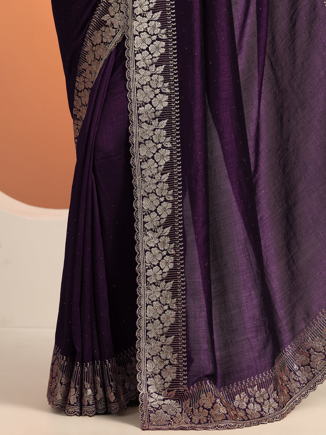  Burgundy Embellished Silk blend Saree With Unstitched Blouse Piece 