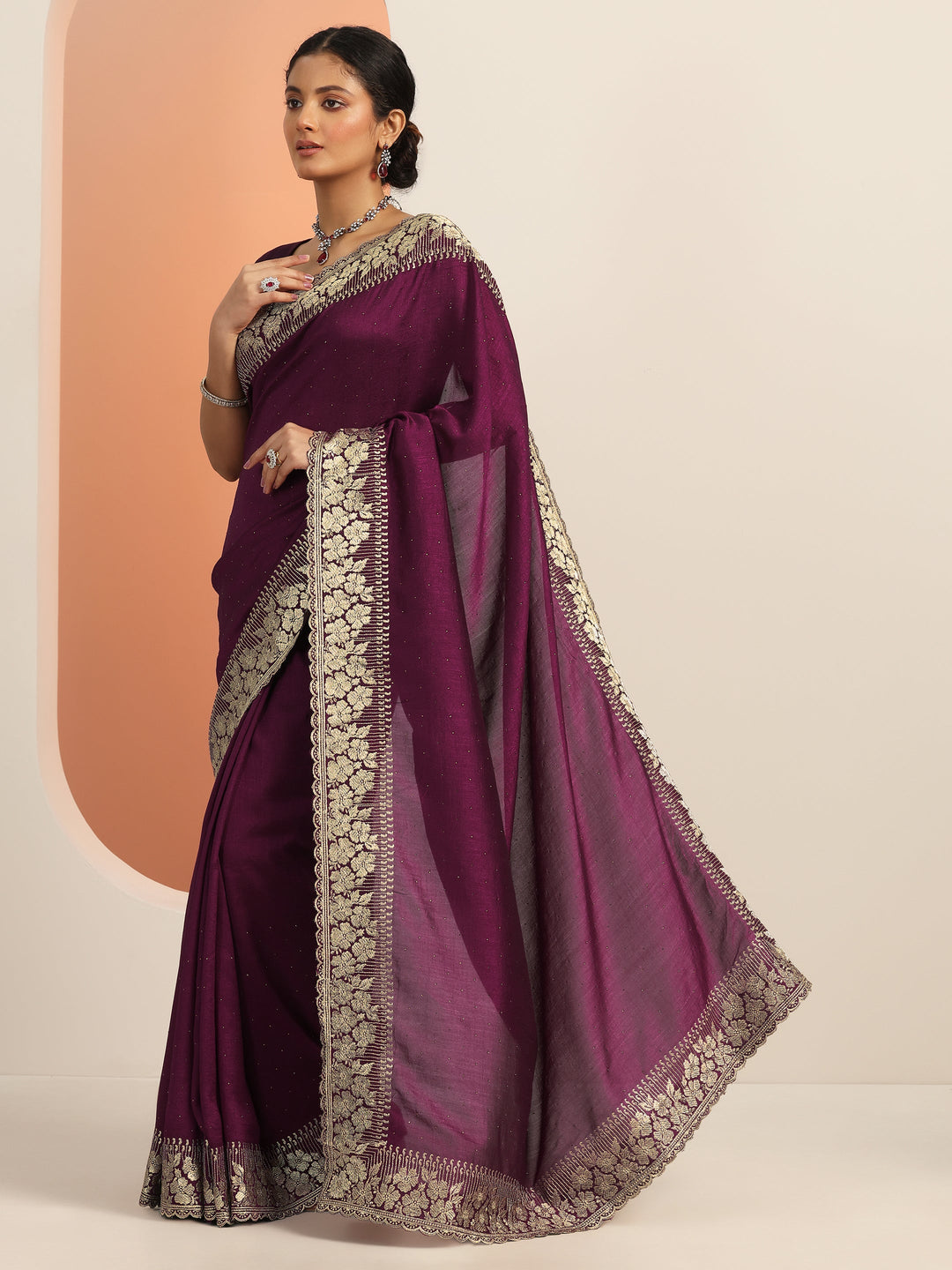  Burgundy Embellished Silk blend Saree With Unstitched Blouse Piece 