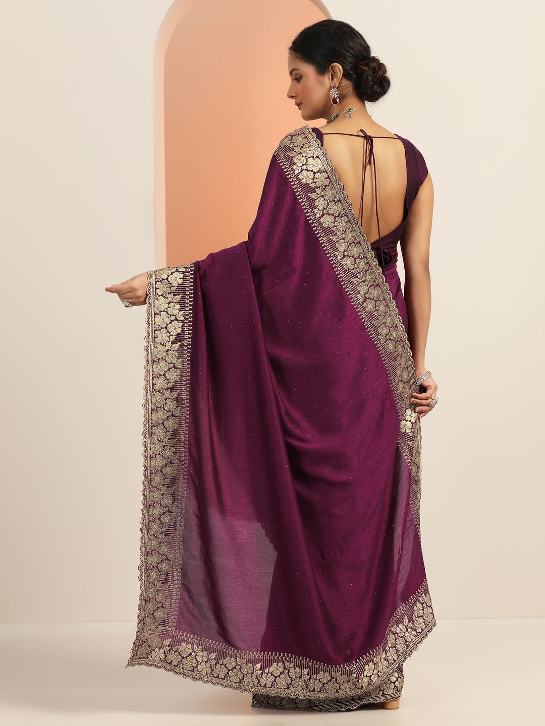  Burgundy Embellished Silk blend Saree With Unstitched Blouse Piece 