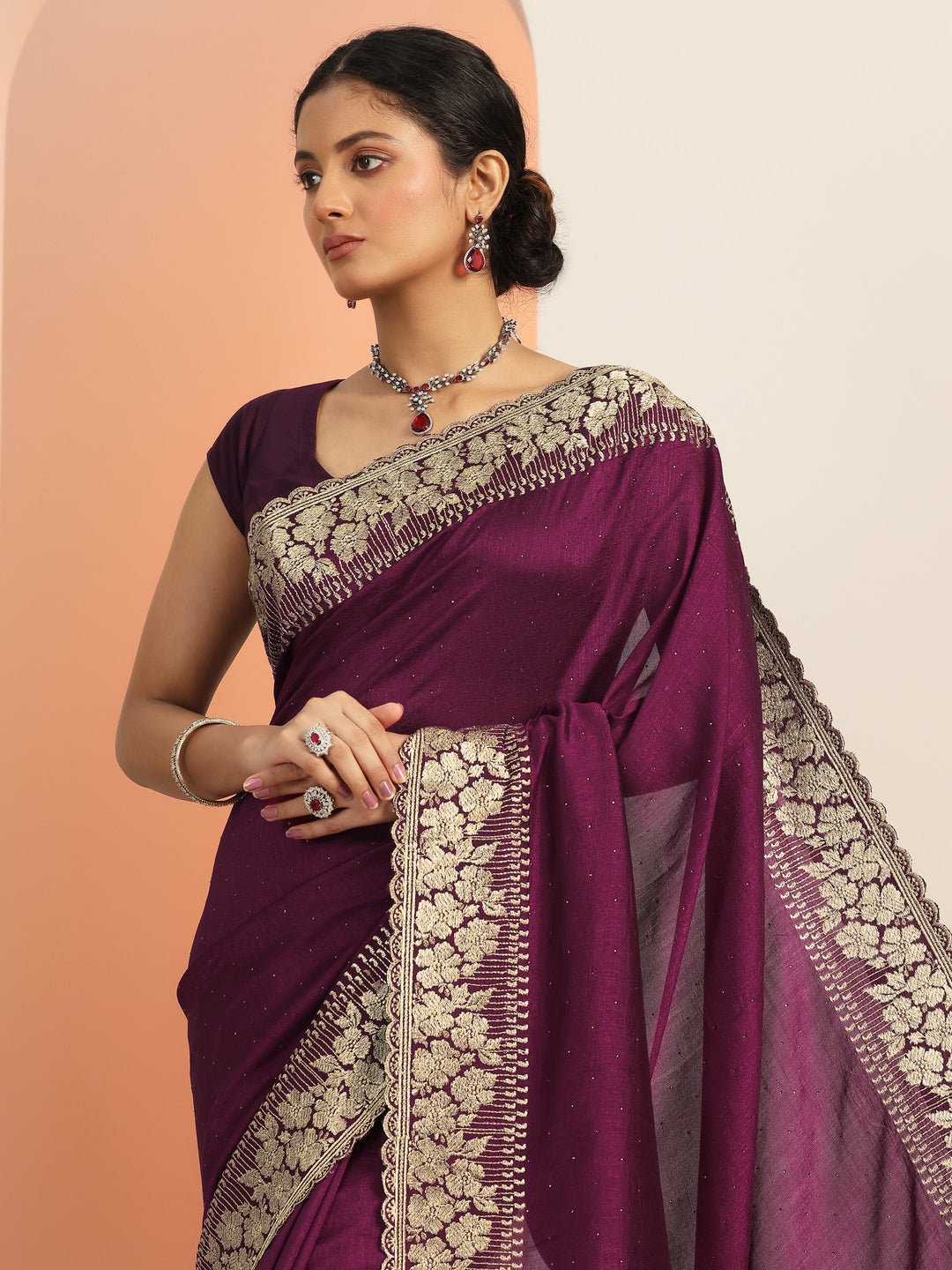  Burgundy Embellished Silk blend Saree With Unstitched Blouse Piece 
