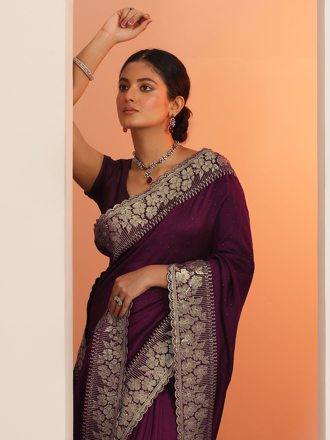  Burgundy Embellished Silk blend Saree With Unstitched Blouse Piece 
