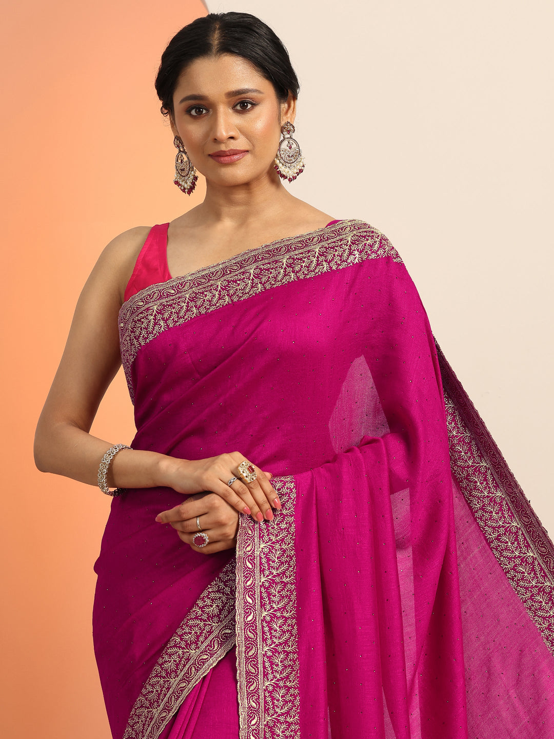  Magenta Embellished Silk blend Saree With Unstitched Blouse Piece 