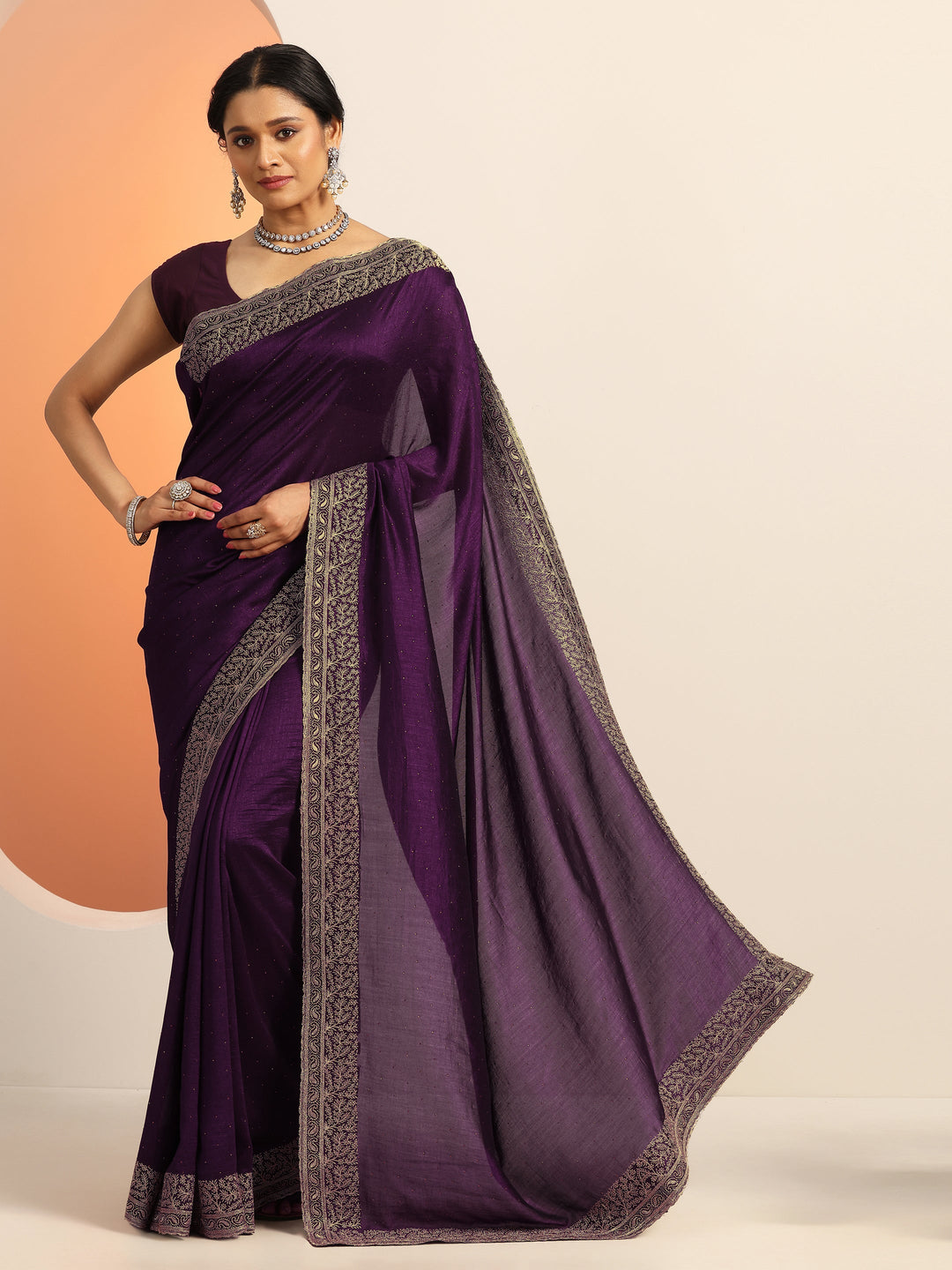 Burgundy Embellished Silk blend Saree With Unstitched Blouse Piece