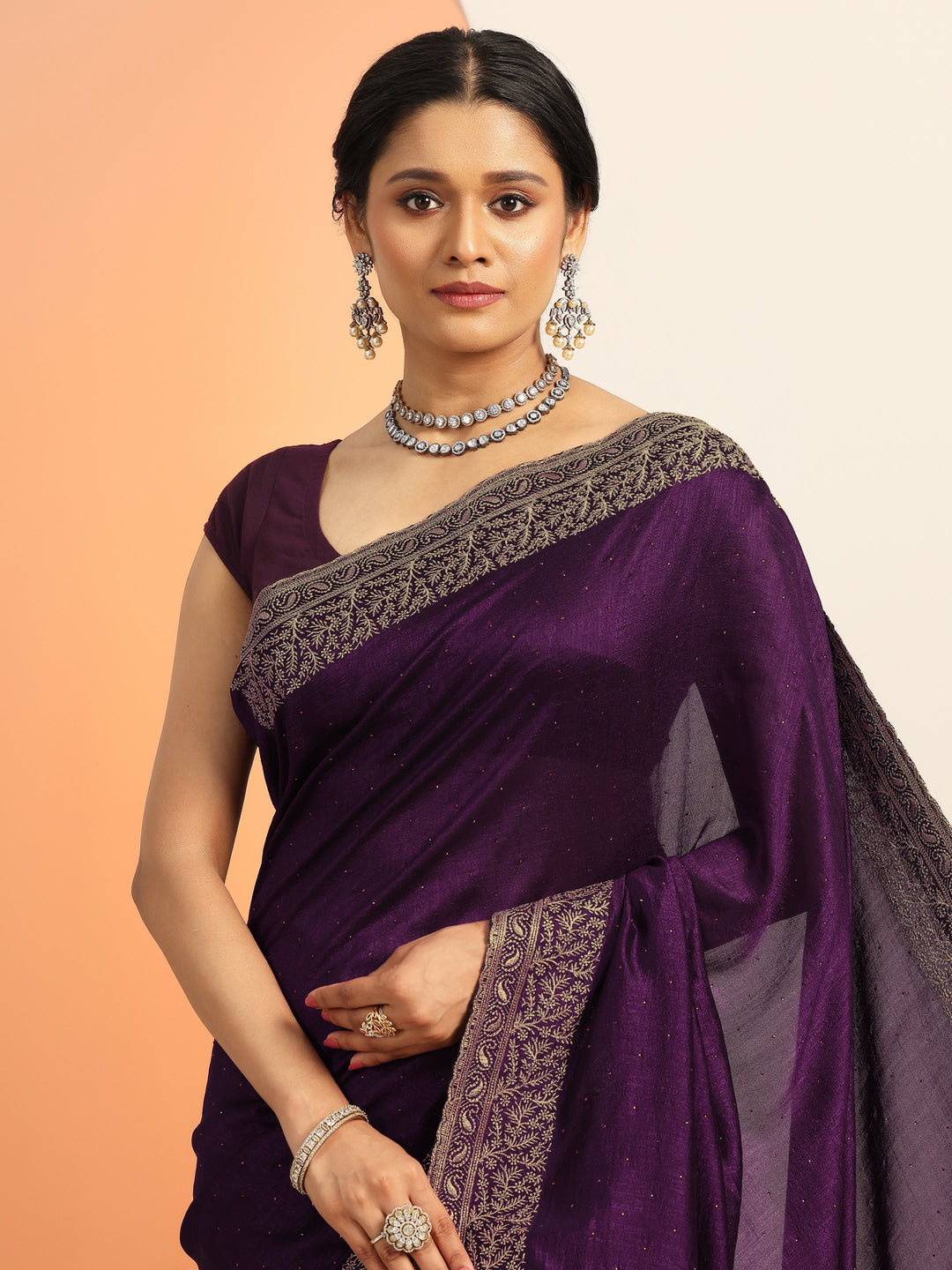  Burgundy Embellished Silk blend Saree With Unstitched Blouse Piece 