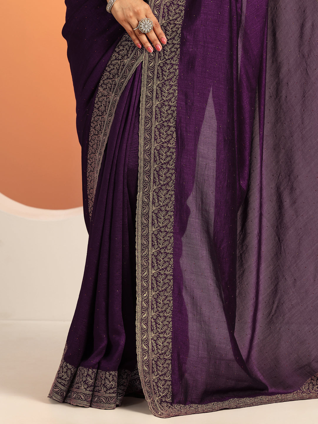  Burgundy Embellished Silk blend Saree With Unstitched Blouse Piece 