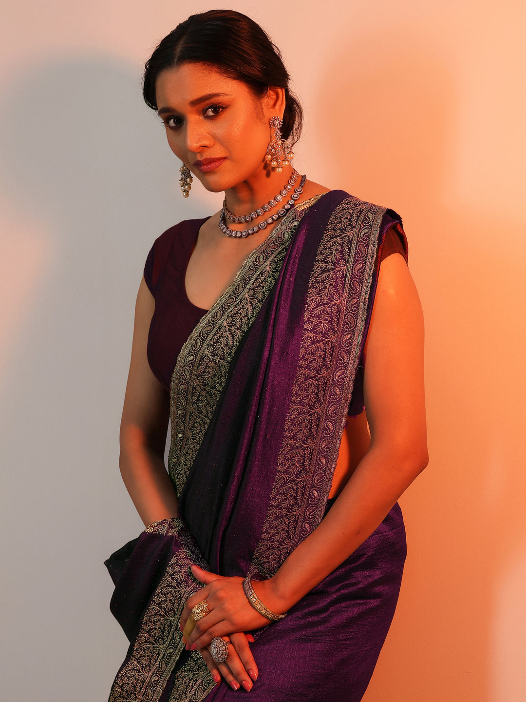  Burgundy Embellished Silk blend Saree With Unstitched Blouse Piece 