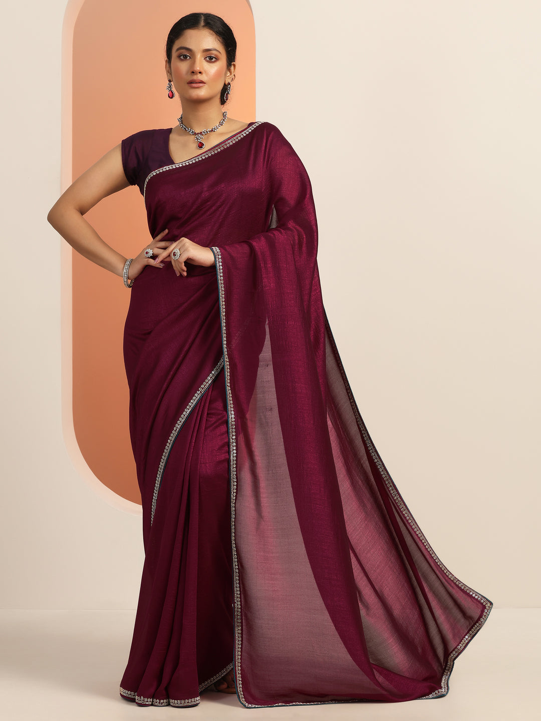  Burgundy Solid Silk Blend Saree With Unstitched Blouse Piece 
