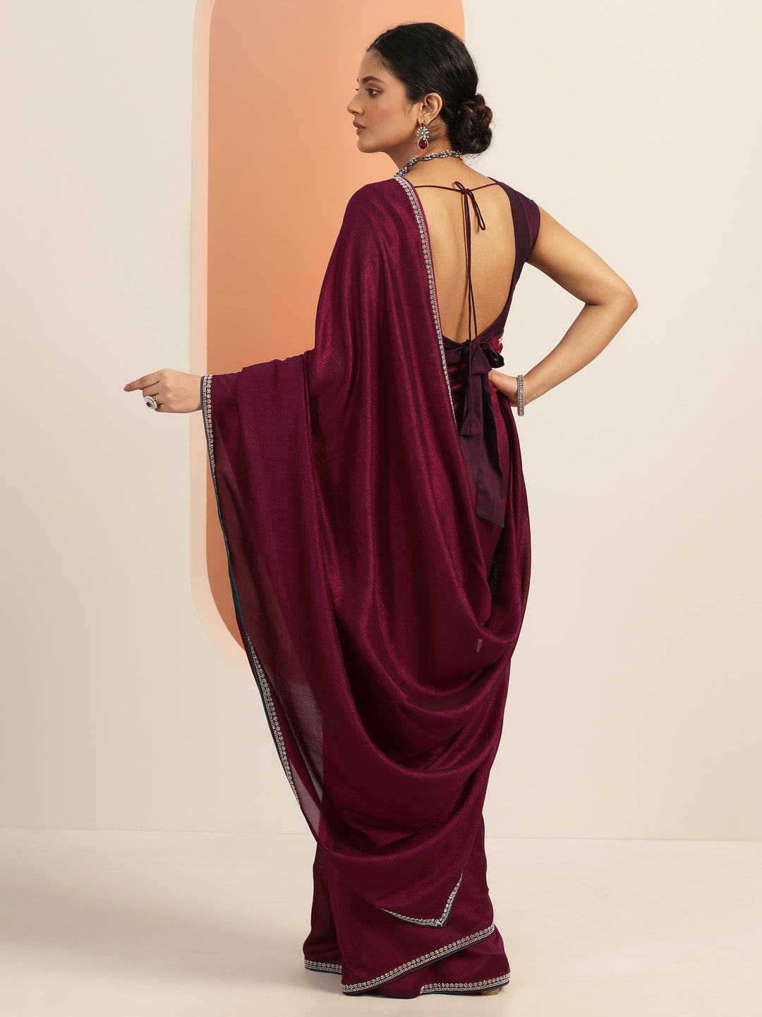  Burgundy Solid Silk blend Saree With Unstitched Blouse Piece 
