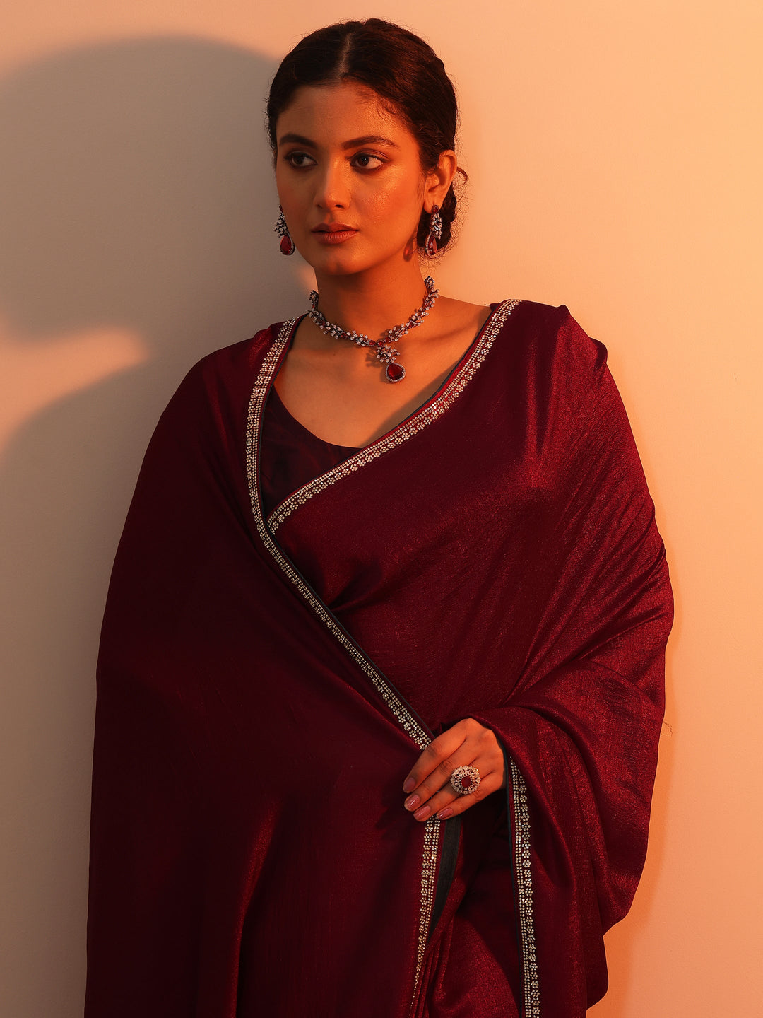  Burgundy Solid Silk blend Saree With Unstitched Blouse Piece 