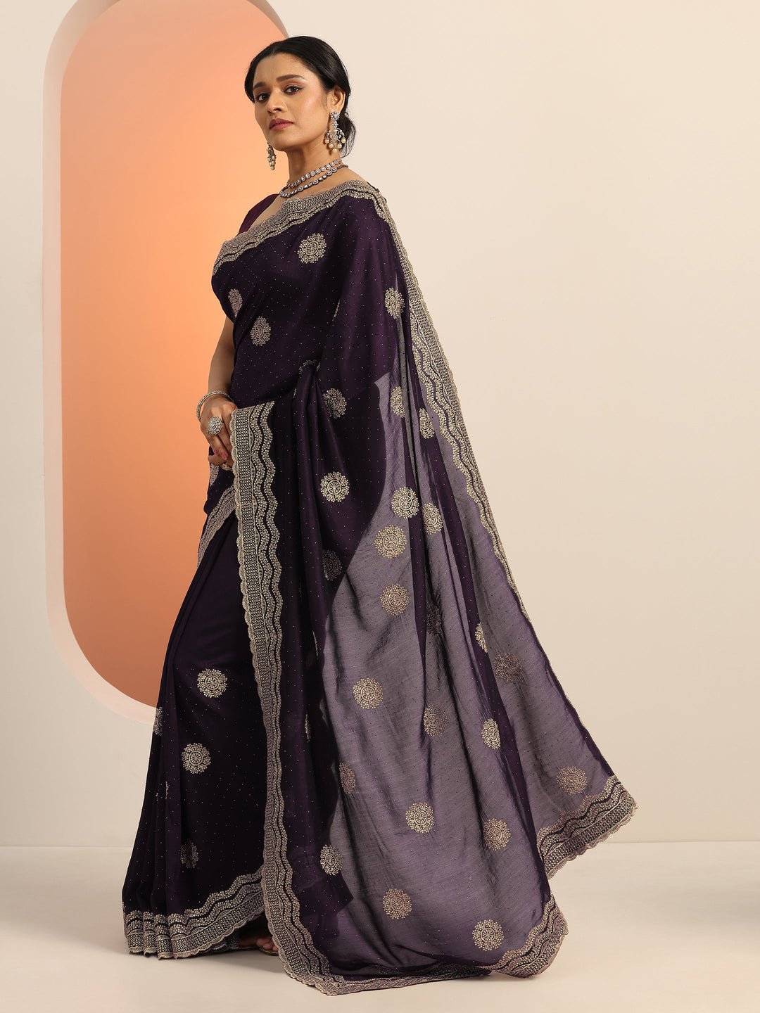  Burgundy Embellished Silk blend Saree With Unstitched Blouse Piece 
