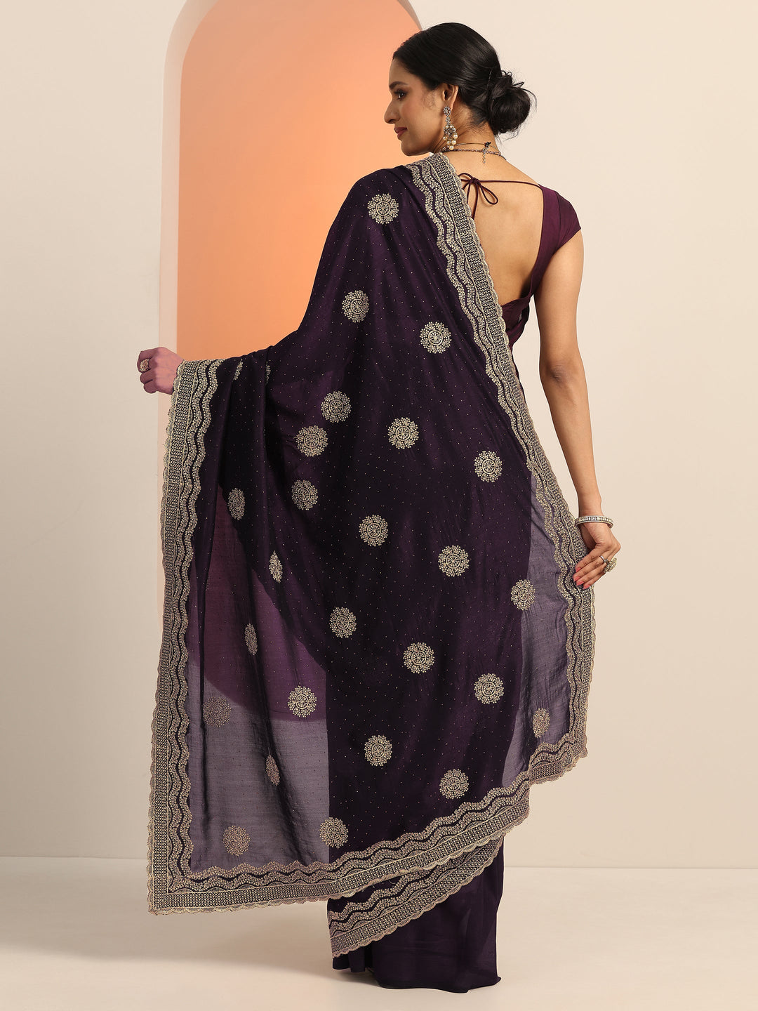  Burgundy Embellished Silk blend Saree With Unstitched Blouse Piece 