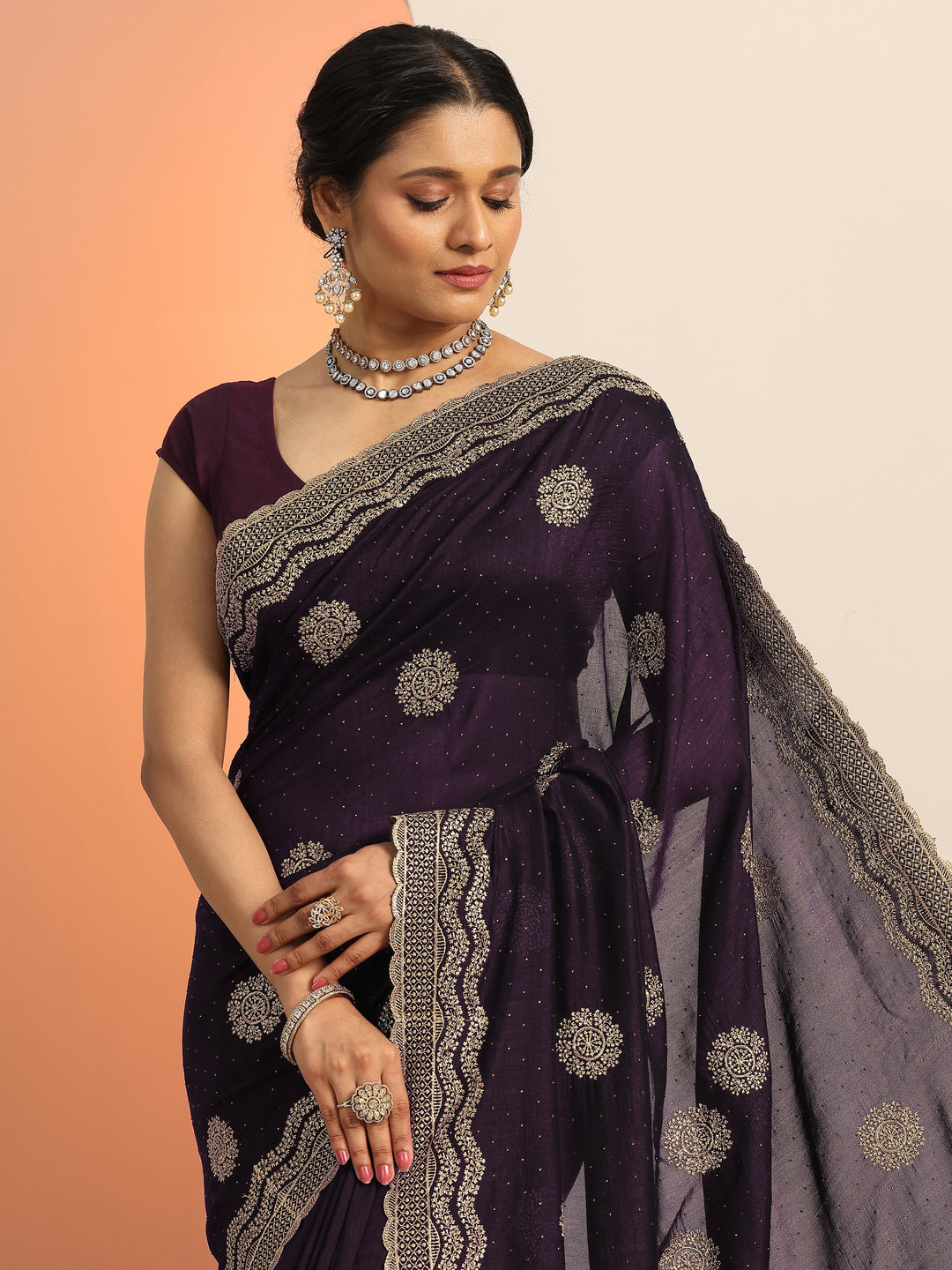  Burgundy Embellished Silk blend Saree With Unstitched Blouse Piece 