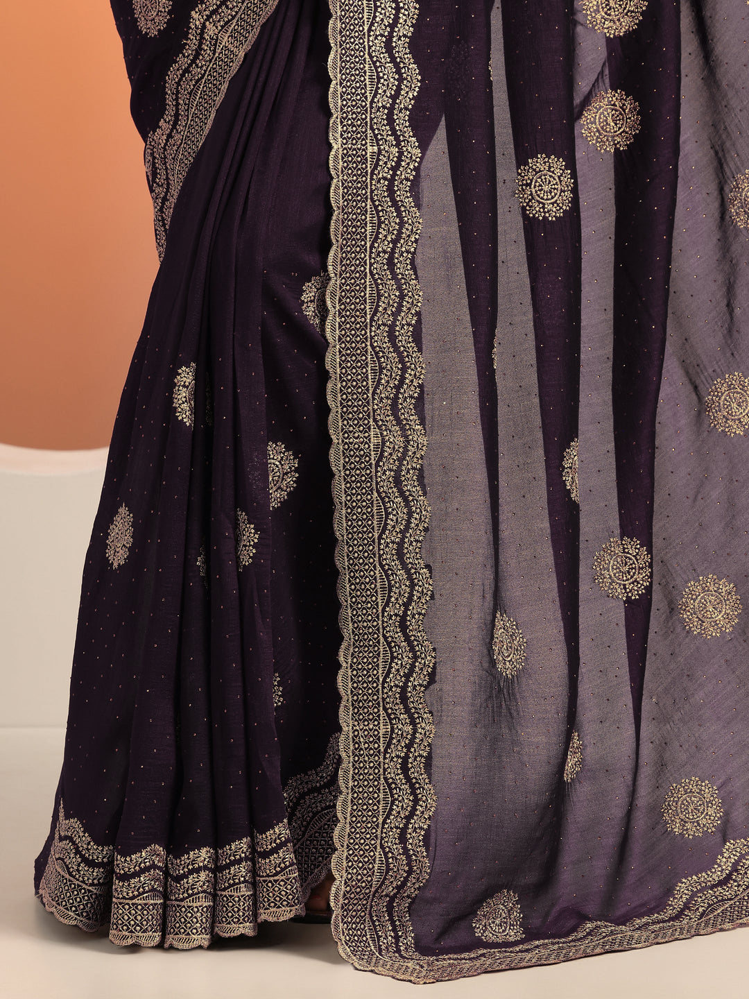  Burgundy Embellished Silk blend Saree With Unstitched Blouse Piece 