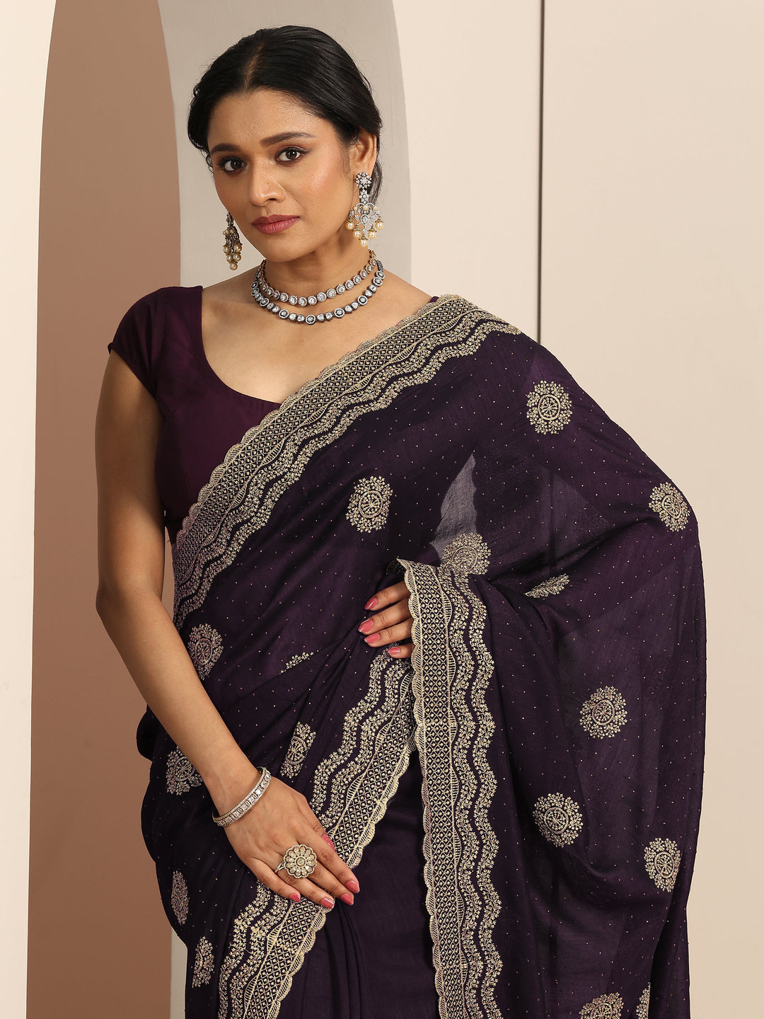  Burgundy Embellished Silk blend Saree With Unstitched Blouse Piece 