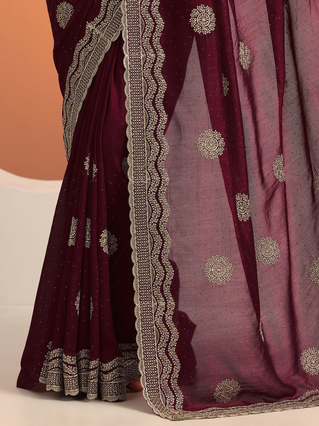  Maroon Embellished Silk Blend Saree With Unstitched Blouse Piece 