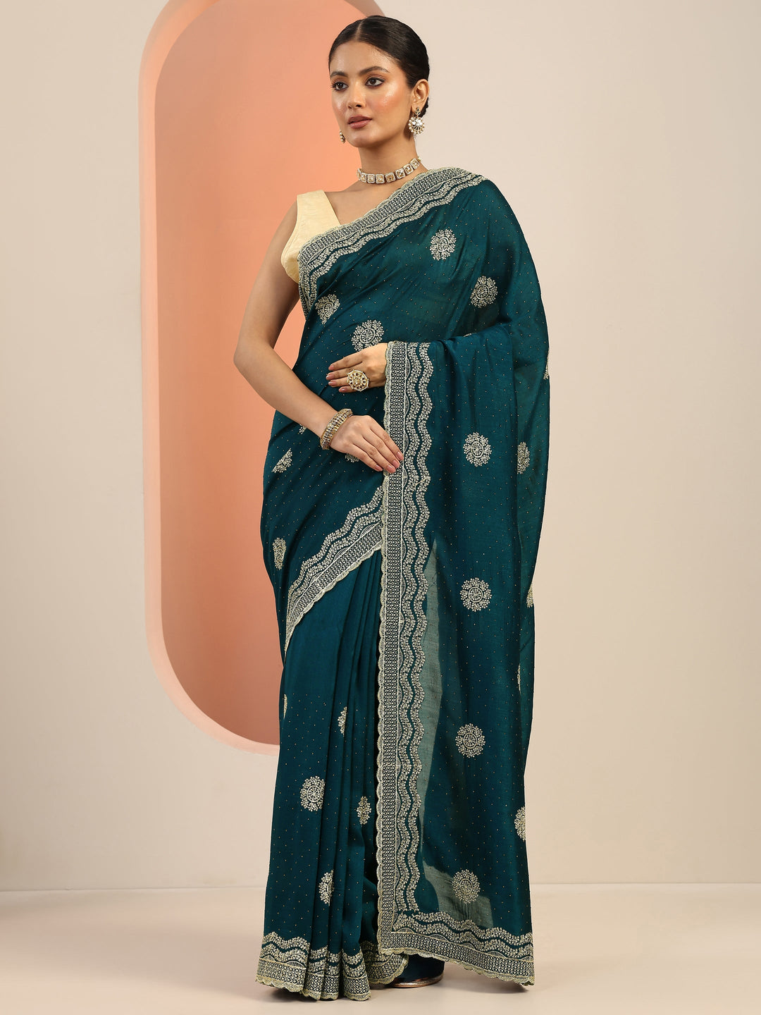  Teal Embellishments Silk Blend Saree With Unstitched Blouse Piece 