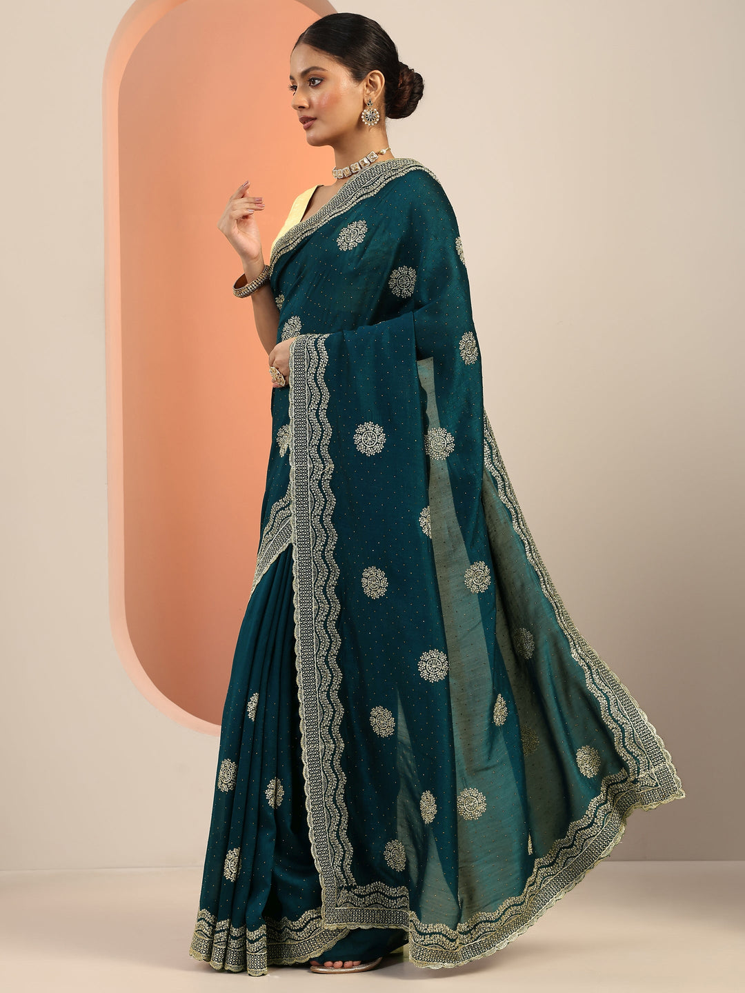  Teal Embellishments Silk Blend Saree With Unstitched Blouse Piece 
