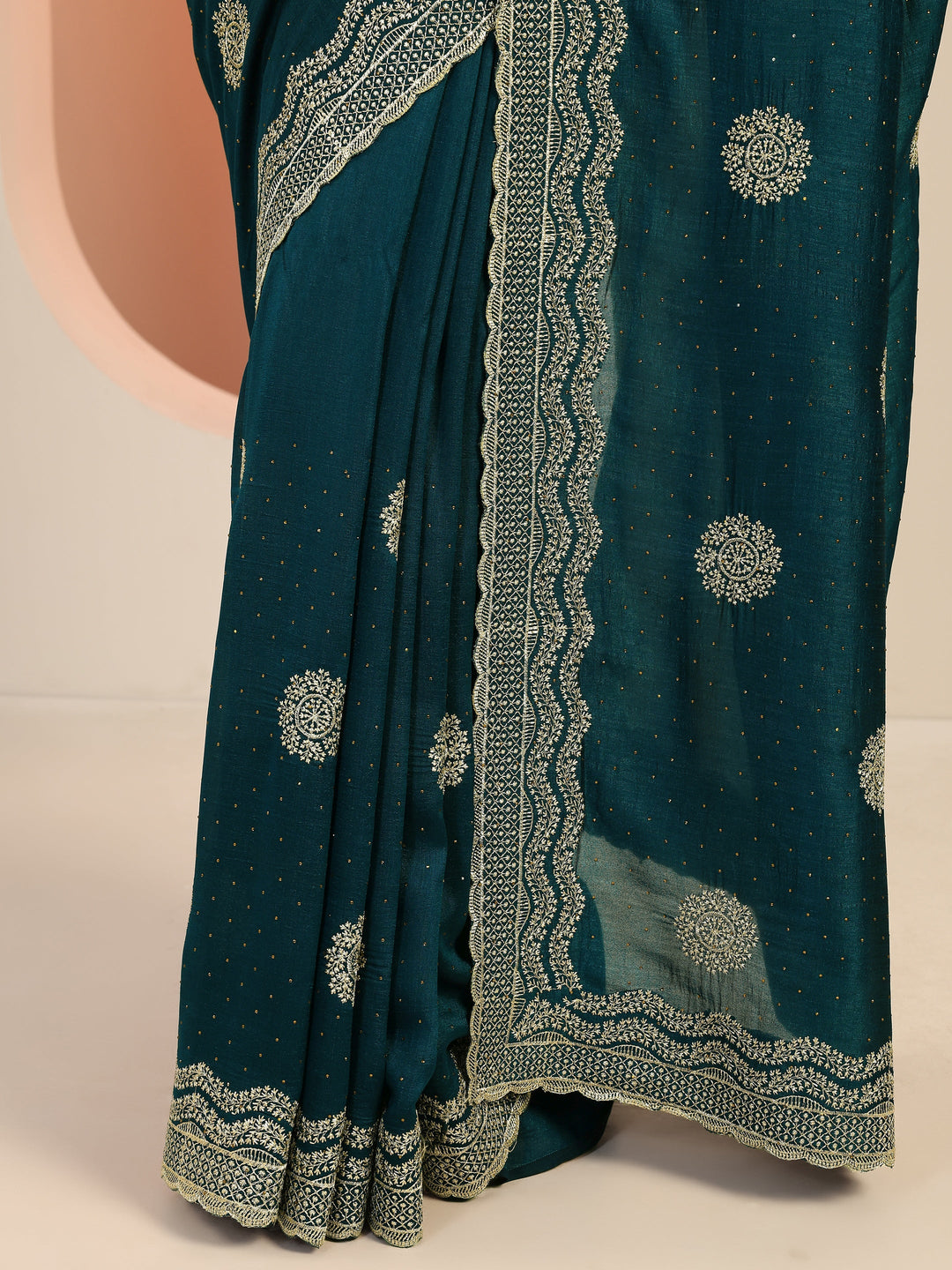  Teal Embellishments Silk Blend Saree With Unstitched Blouse Piece 