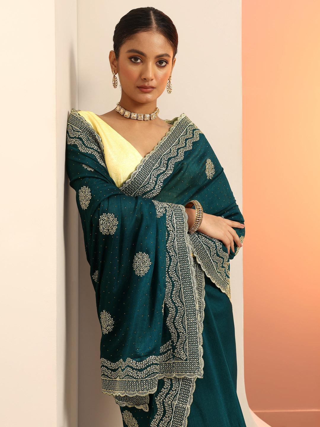  Teal Embellishments Silk Blend Saree With Unstitched Blouse Piece 