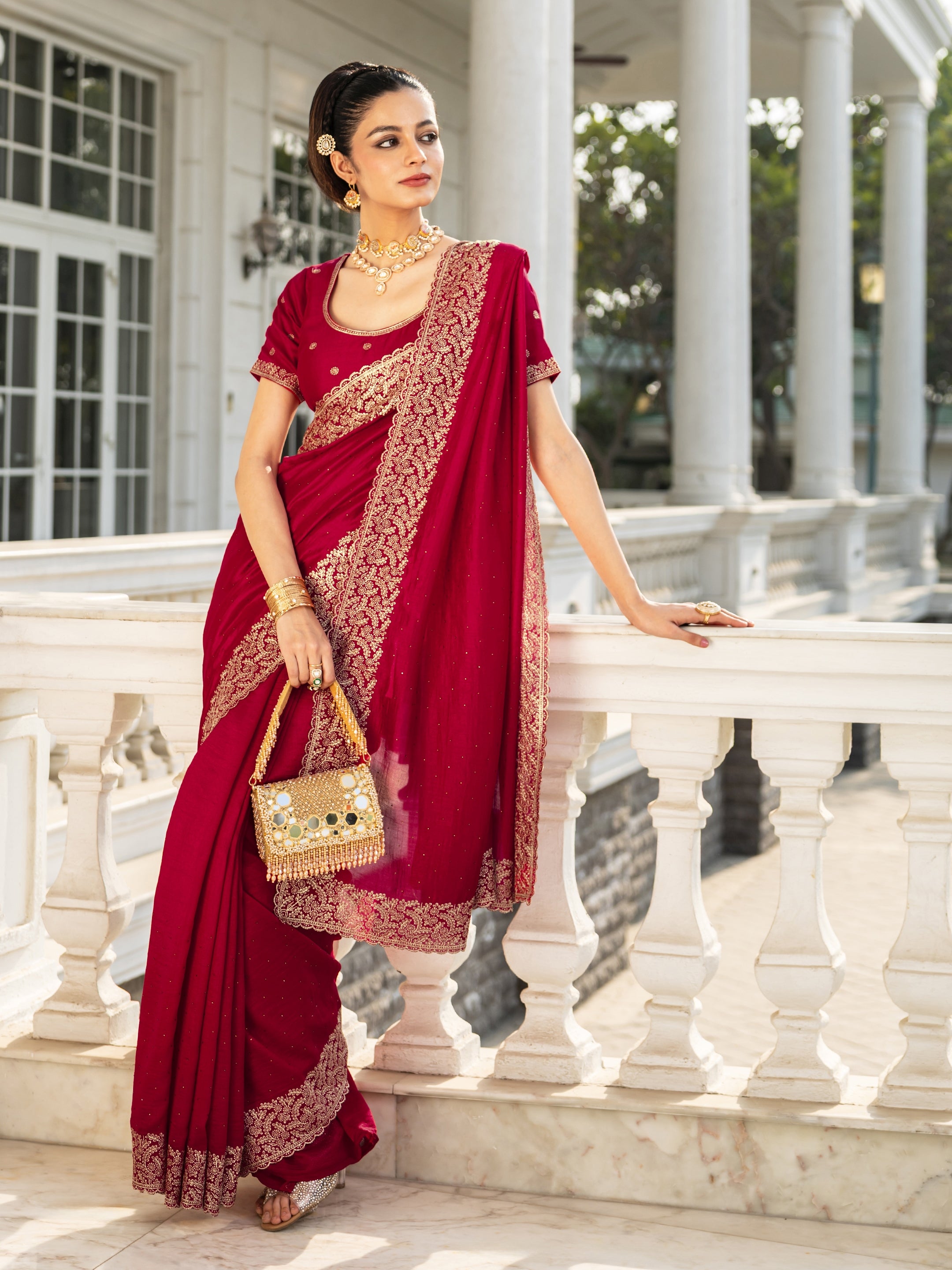 libas Red Embellished Silk blend Saree With Unstitched Blouse Piece-picture-46