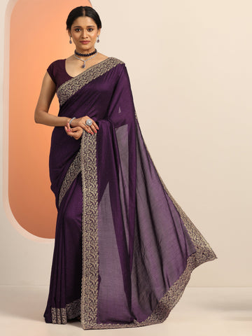 Burgundy Embellished Silk blend Saree With Unstitched Blouse Piece