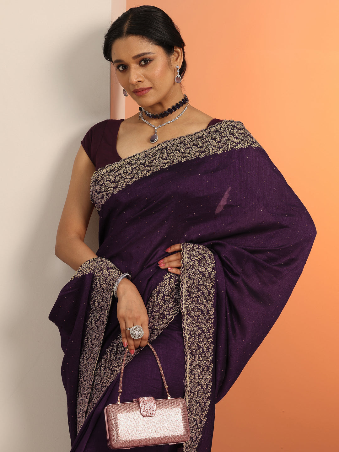  Burgundy Embellished Silk blend Saree With Unstitched Blouse Piece 