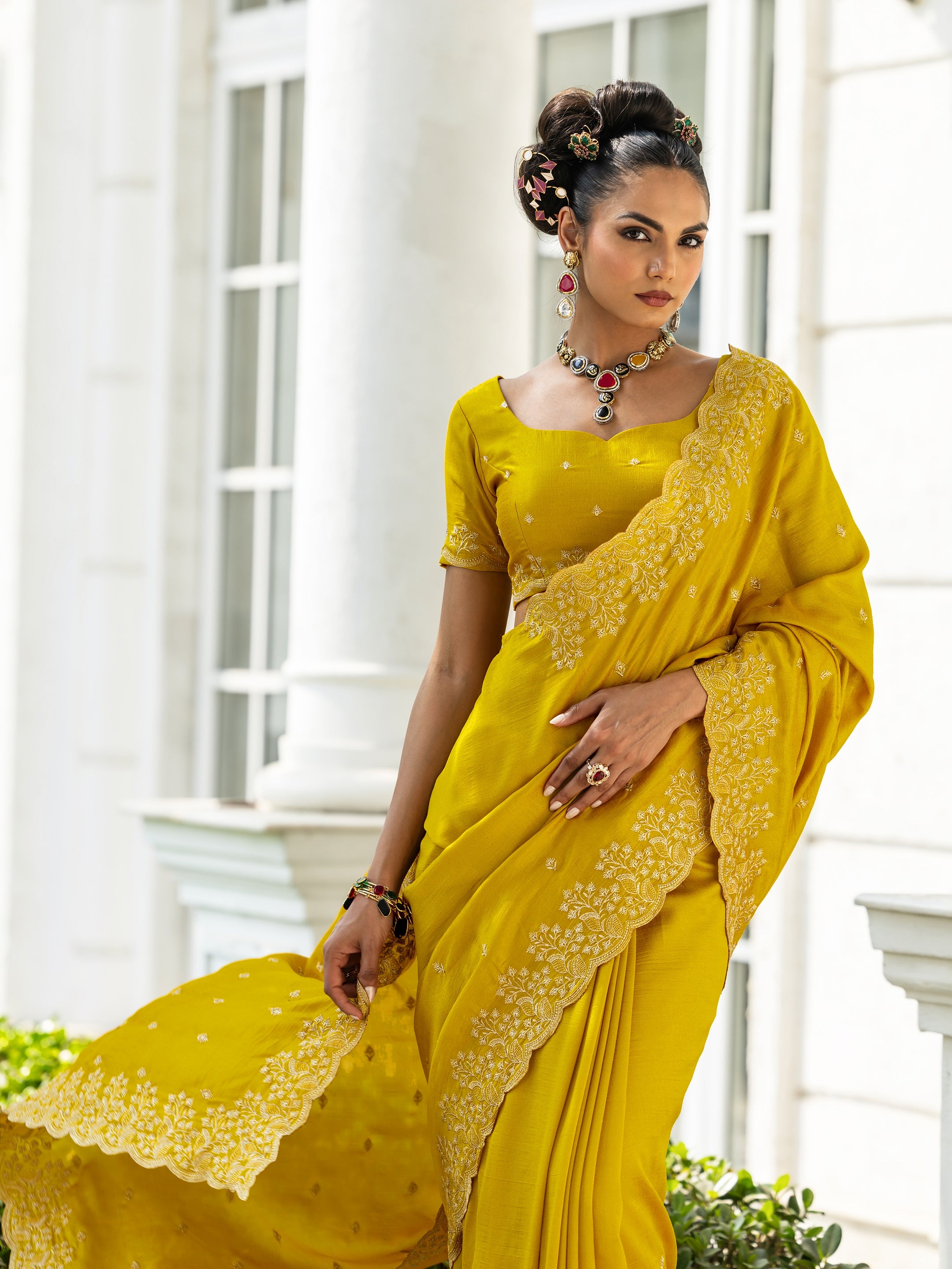 libas Mustard Embroidered Silk blend Saree With Unstitched Blouse Piece-picture-17