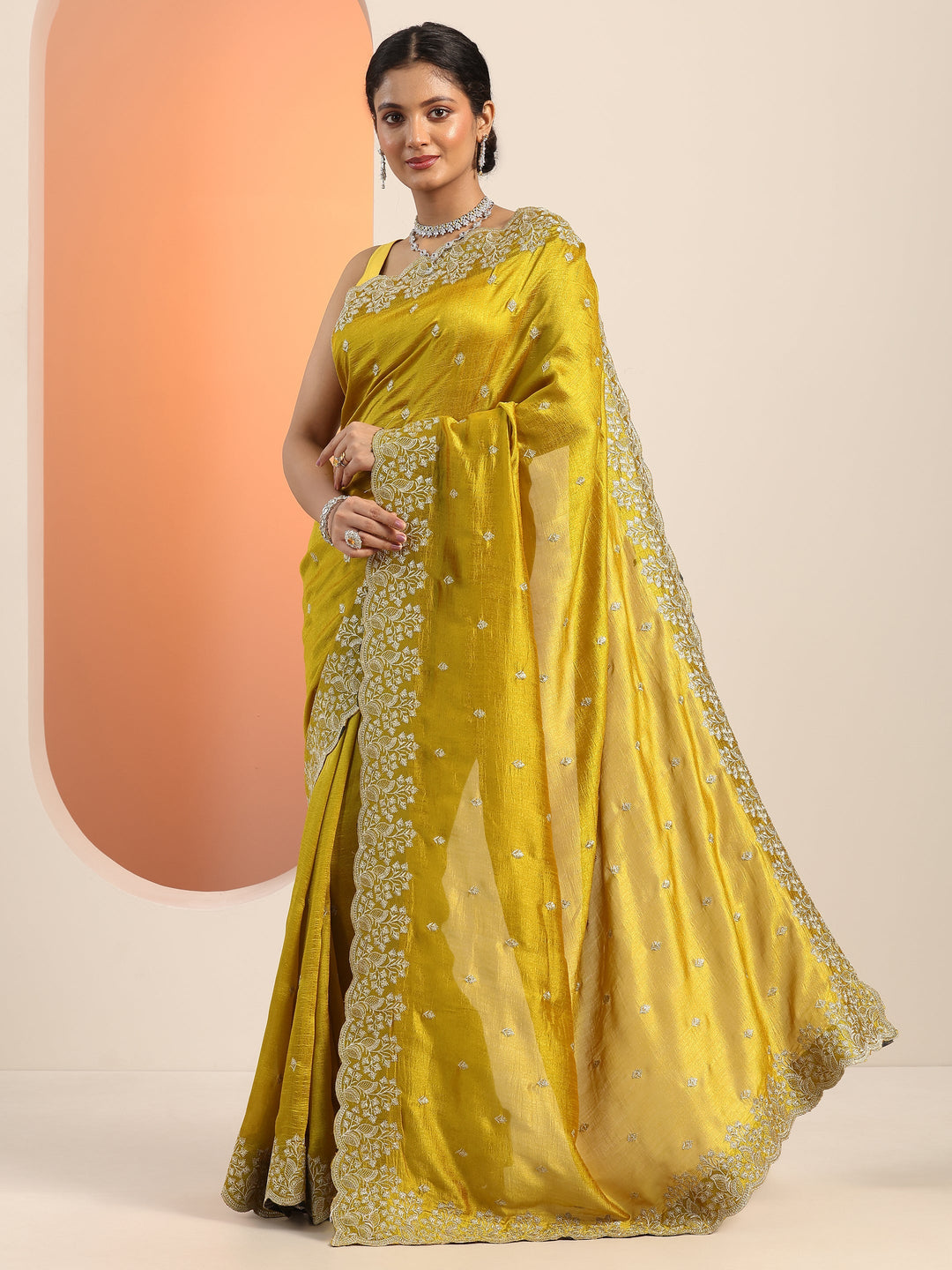  Mustard Embroidered Silk blend Saree With Unstitched Blouse Piece 