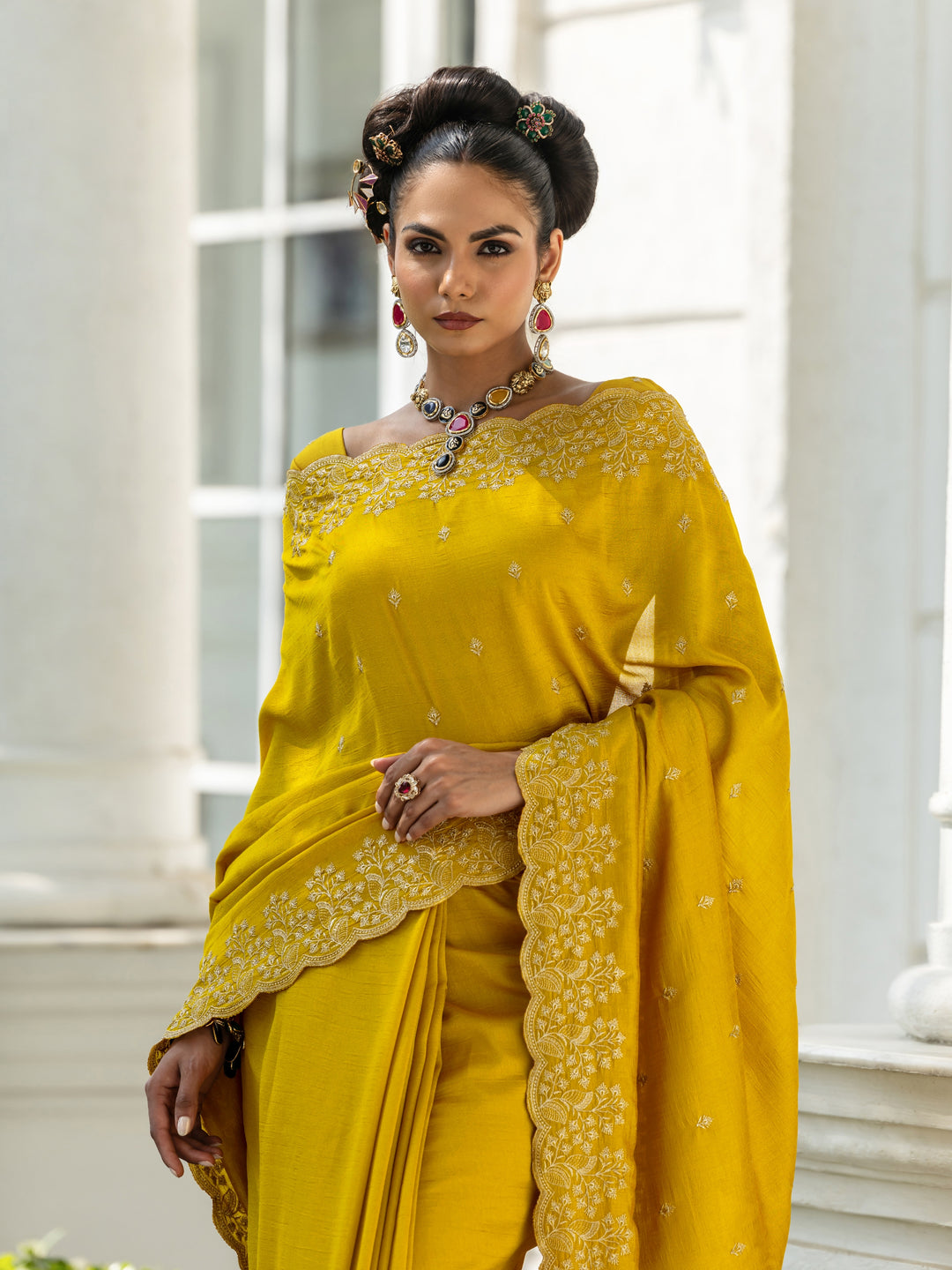  Mustard Embroidered Silk blend Saree With Unstitched Blouse Piece 