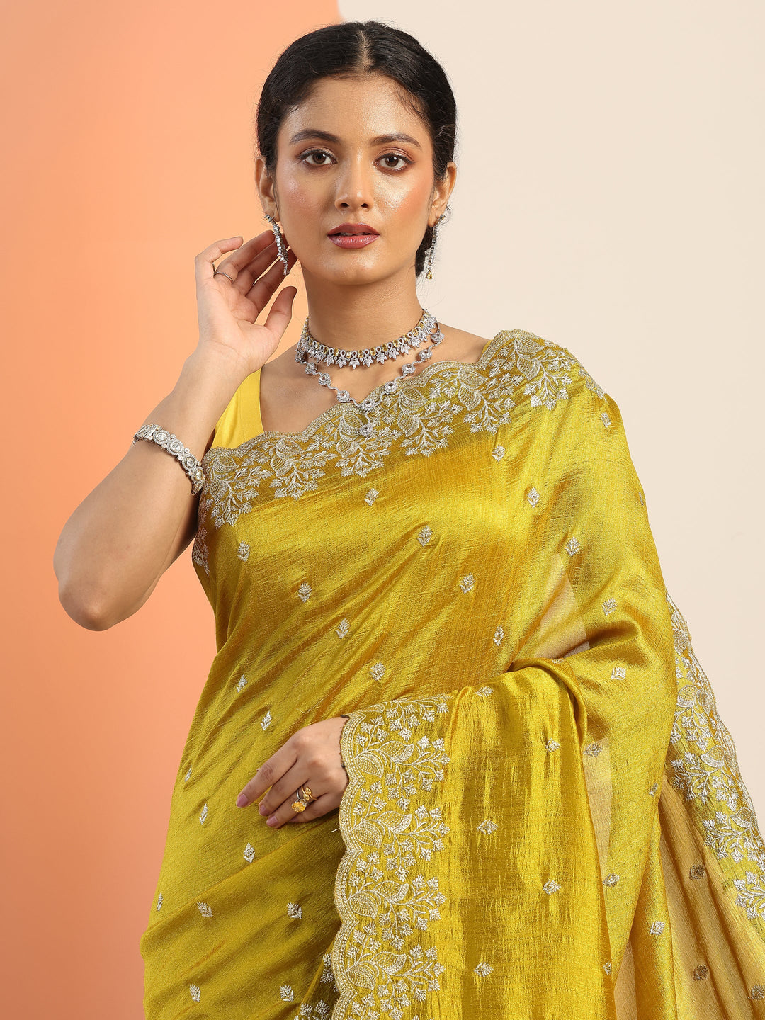 Mustard Embroidered Silk blend Saree With Unstitched Blouse Piece 
