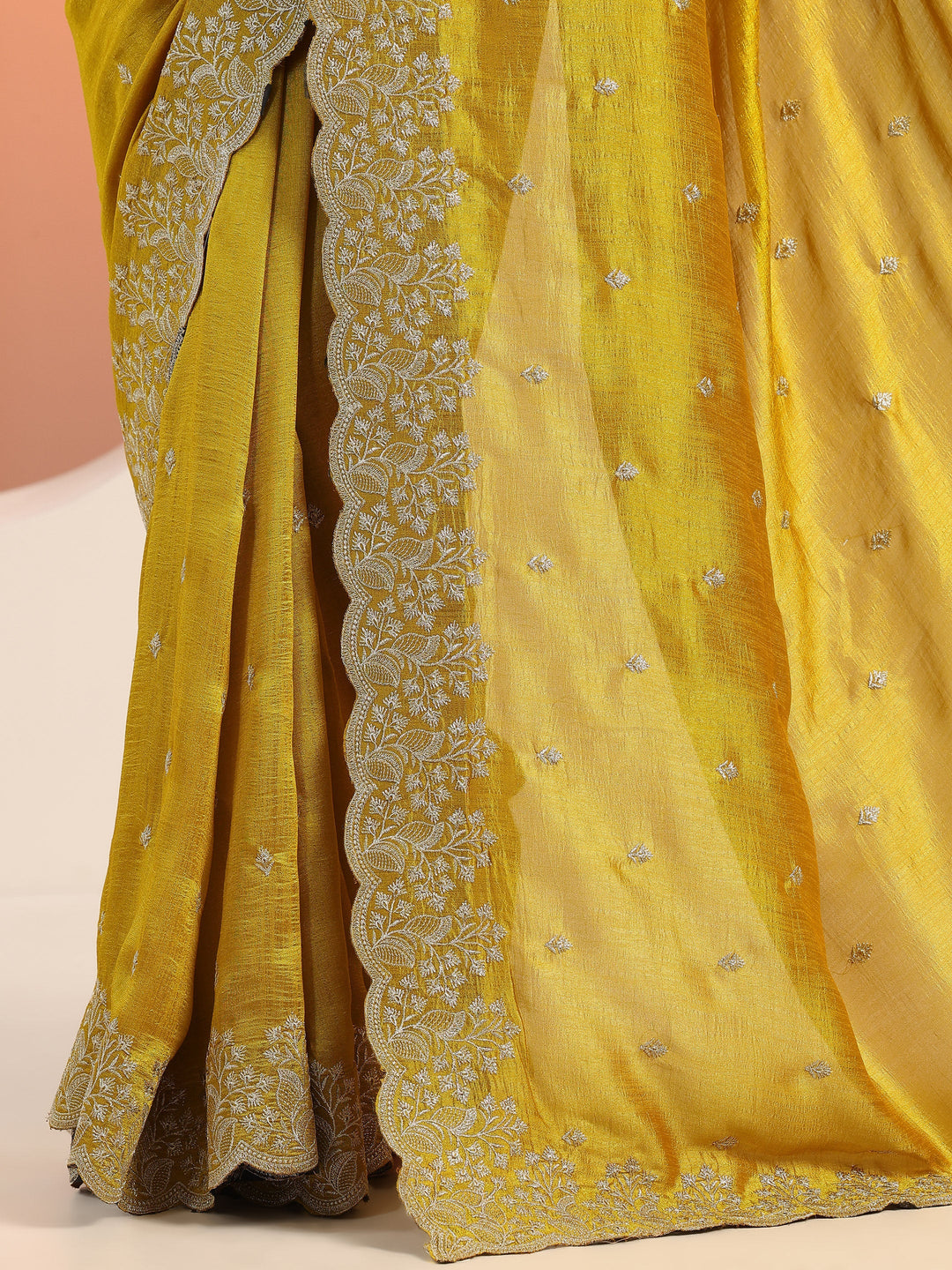  Mustard Embroidered Silk blend Saree With Unstitched Blouse Piece 