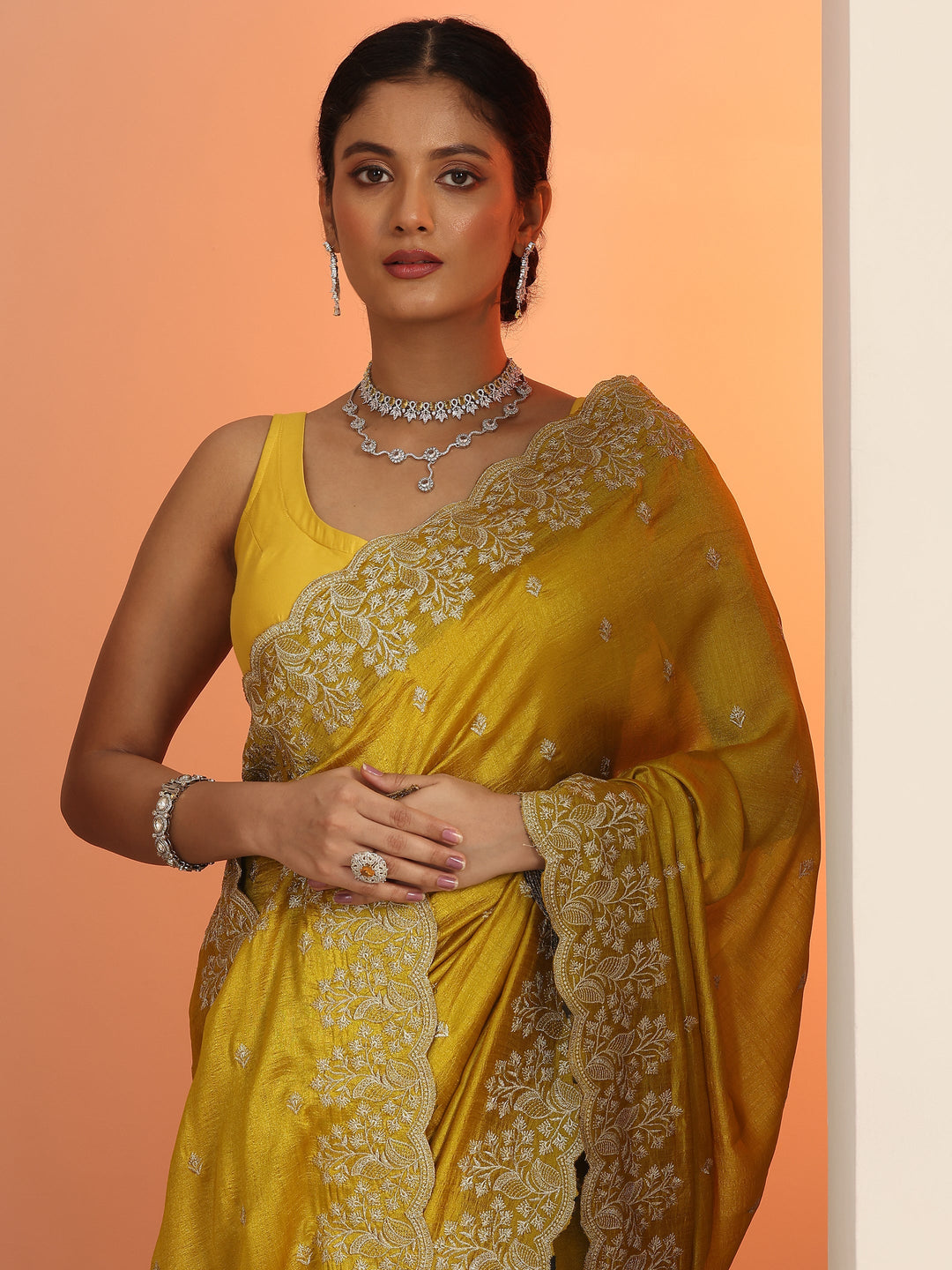  Mustard Embroidered Silk blend Saree With Unstitched Blouse Piece 